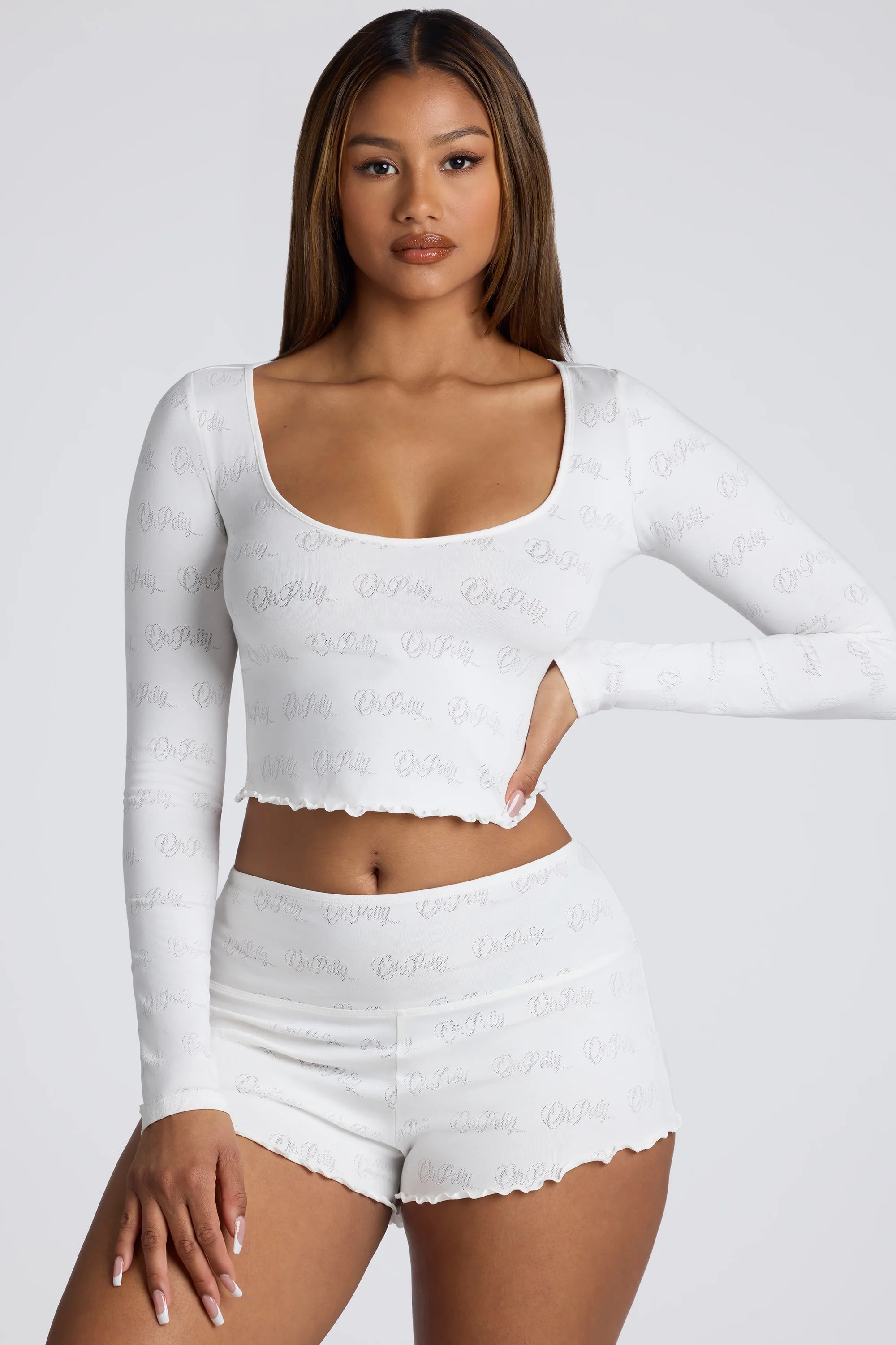 Long Sleeve Scoop Neck Pointelle Crop Top in White