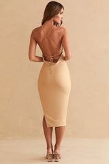 Backless Cowl Neck Midi Dress in Beige