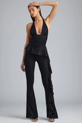 Metallic Ruffle Low-Rise Flared Trousers in Black