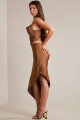 Bias Cut Satin Asymmetric Maxi Skirt in Mocha