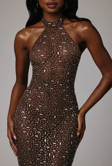 Sheer Embellished High Neck Evening Gown in Deep Cocoa