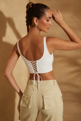 Scoop Neck Lace Up Back Crop Top in White