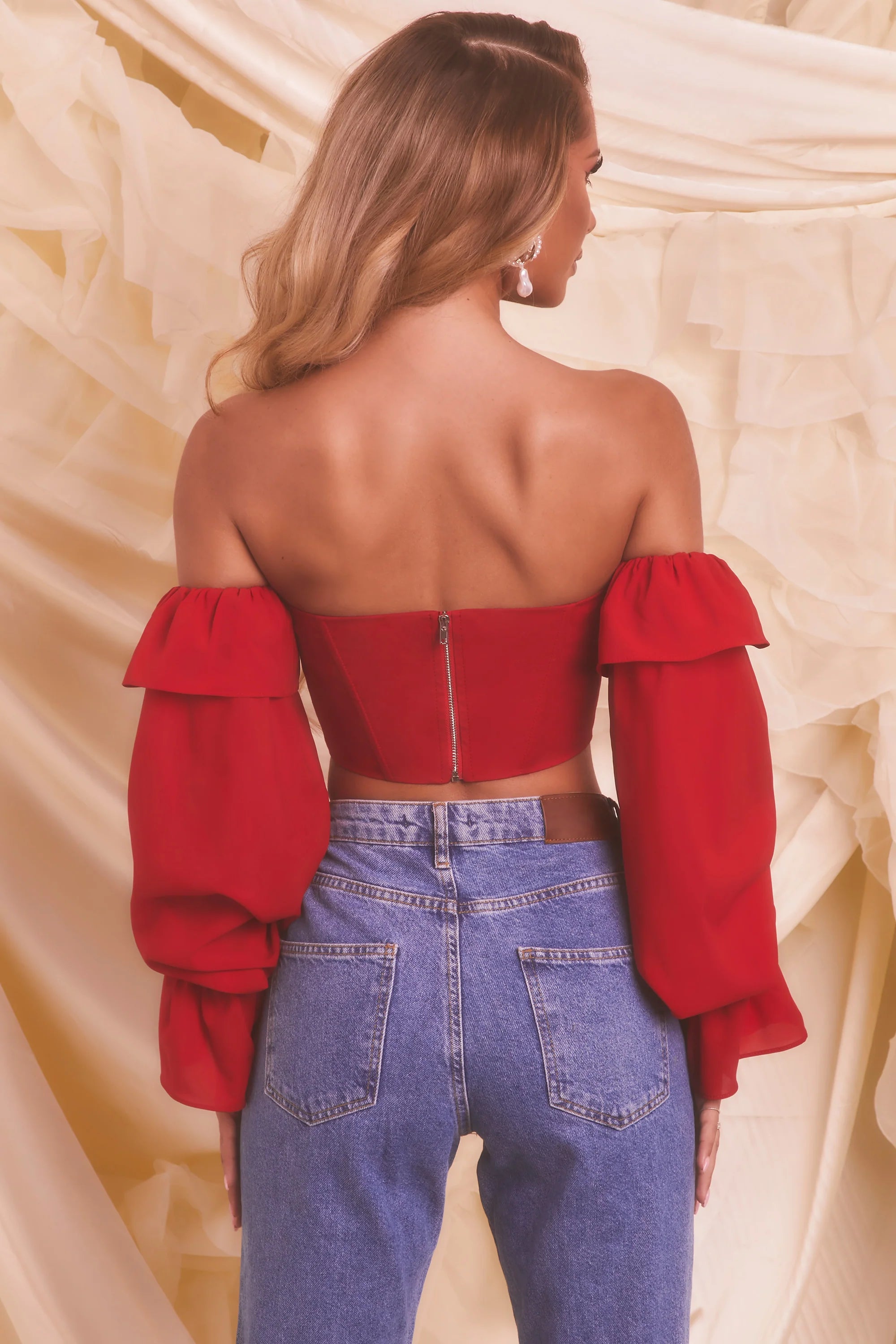 Chasing Love Bardot Long Sleeve Crop Top in Red