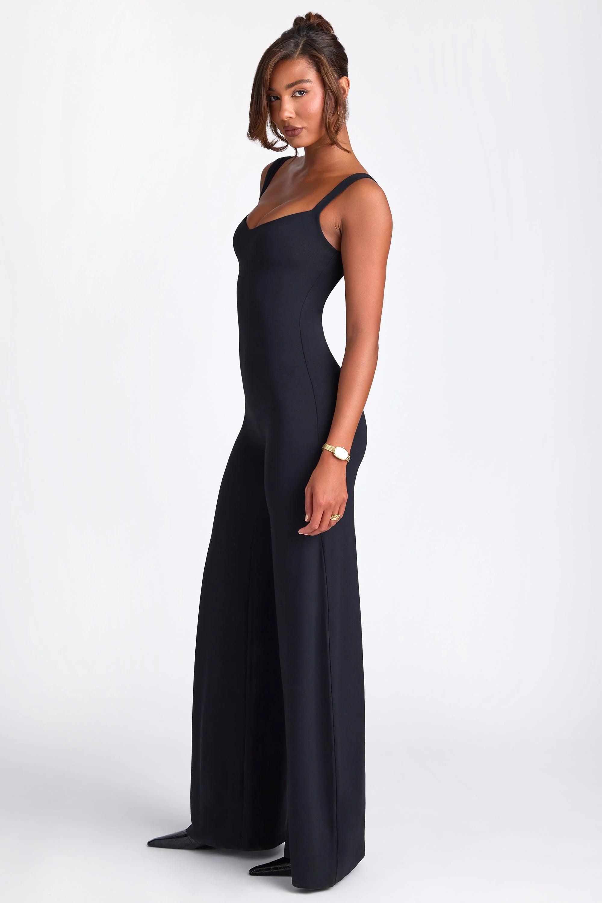 Modal Sweetheart Neckline Wide Leg Jumpsuit in Black