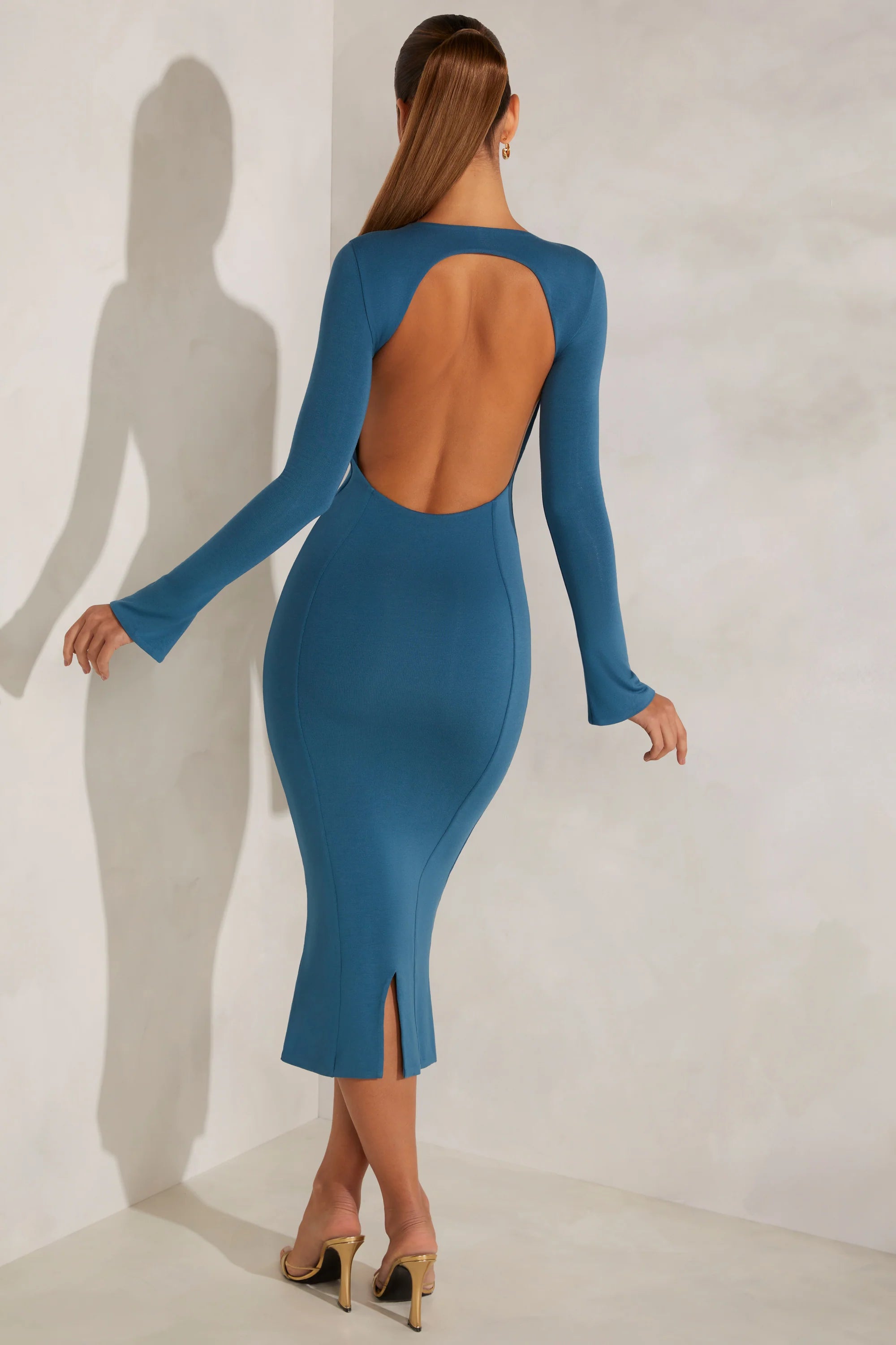 High Neck Long Sleeve Open Back Midaxi Dress in Teal