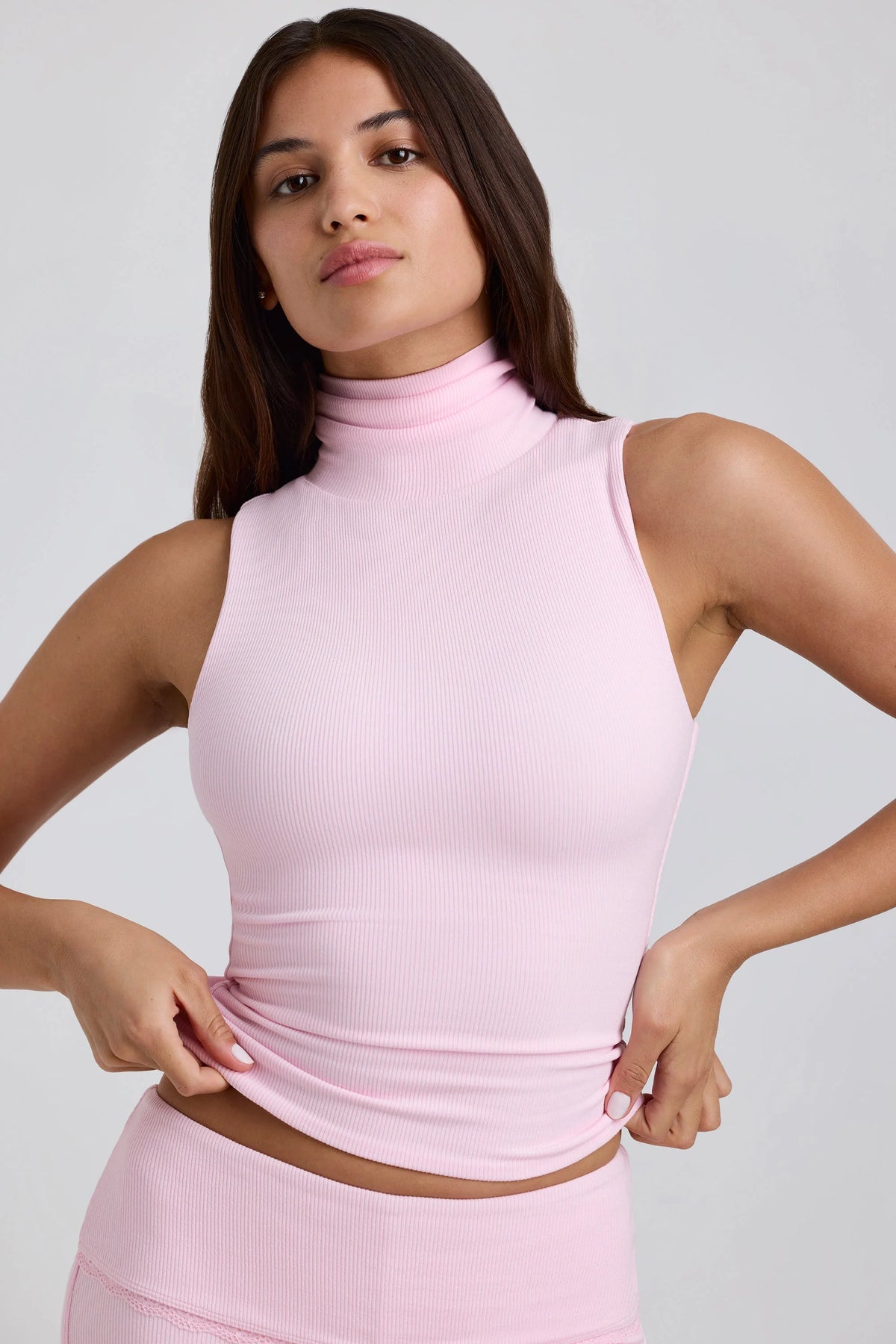 Ribbed Modal Turtleneck Tank Top in Blossom Pink