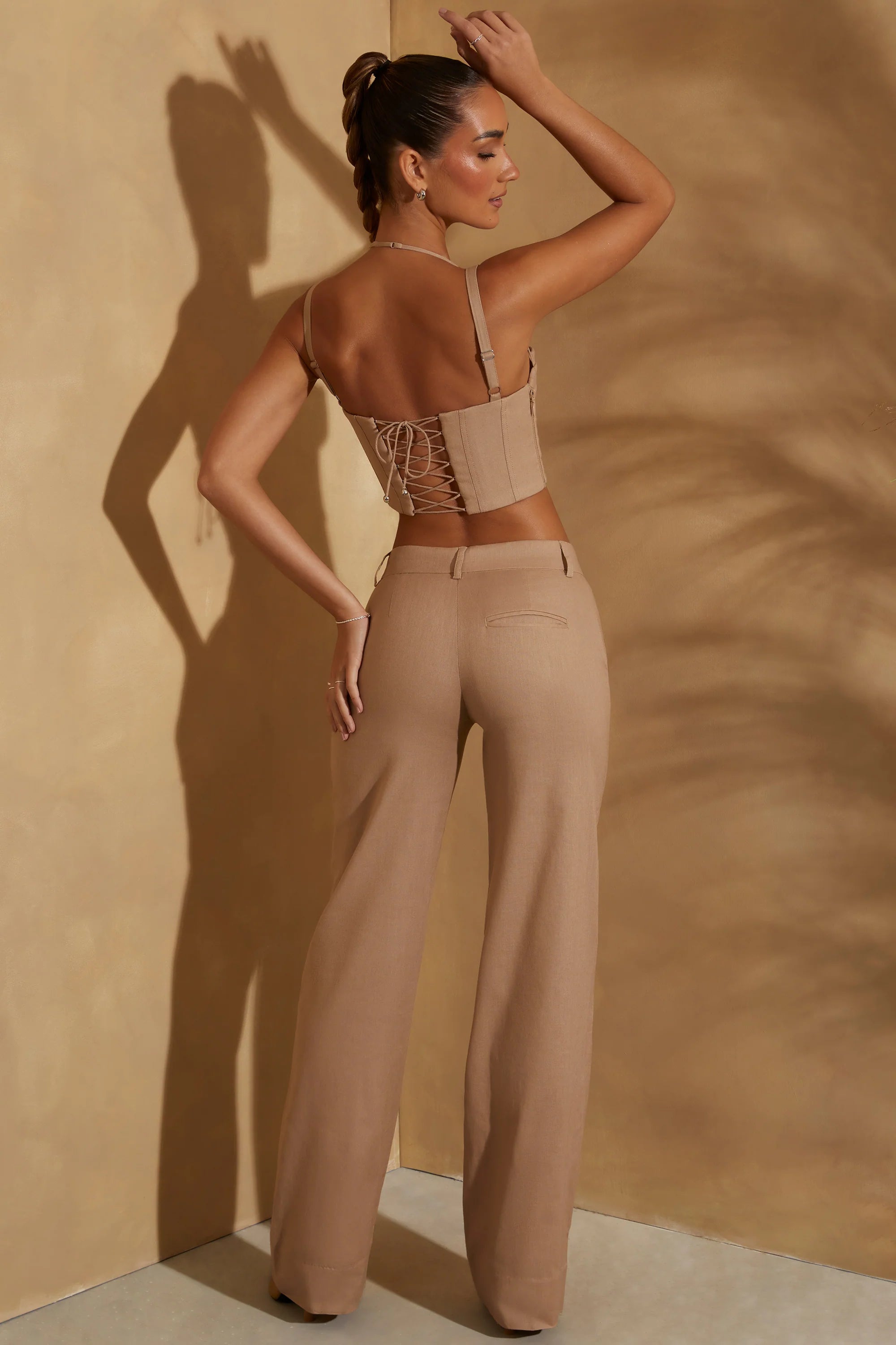 High Waist Straight Leg Linen Trousers in Tan