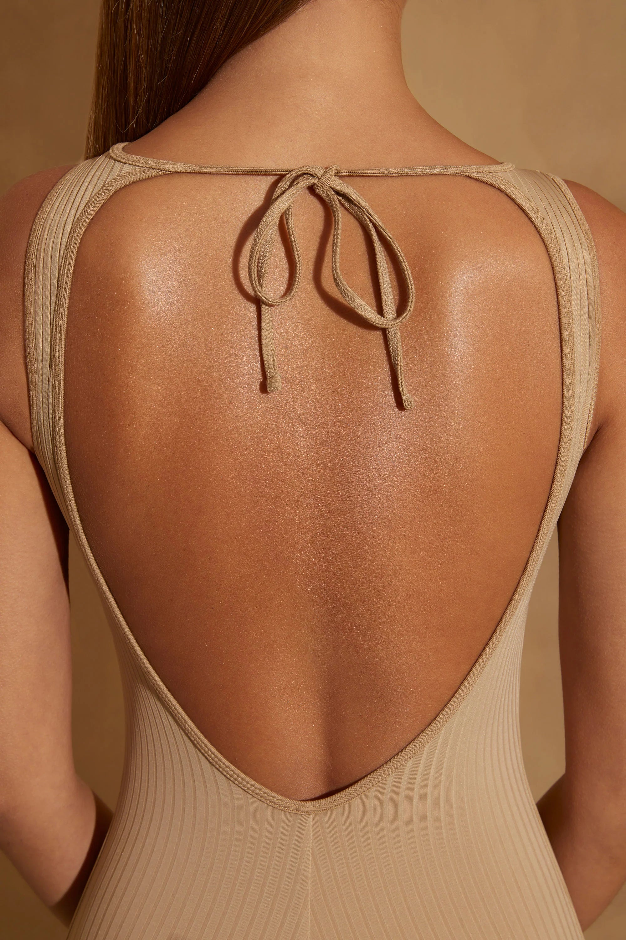 Ribbed Cut Out Back Jumpsuit in Tan