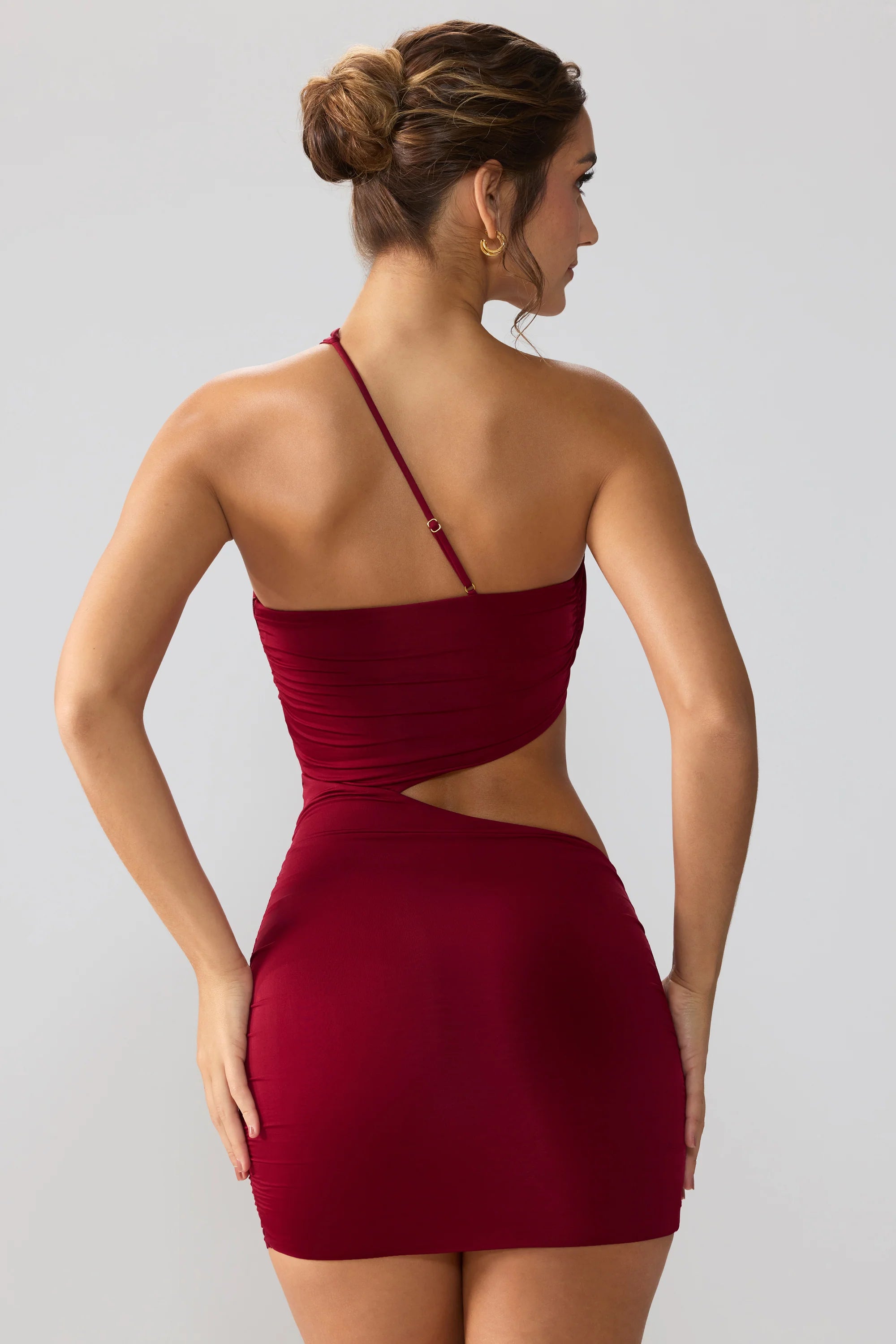 Slinky Jersey Ruched Cut Out Mini Dress in Ruby