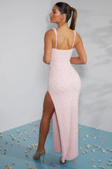 Embellished Plunge Neck High Split Maxi Dress in Blush