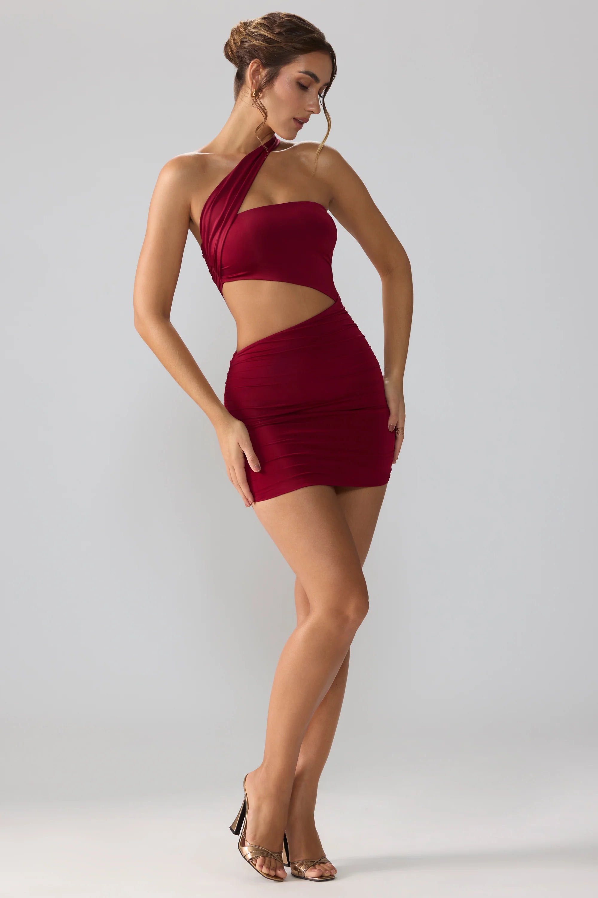 Slinky Jersey Ruched Cut Out Mini Dress in Ruby