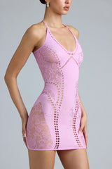 Embellished Halterneck Mini Dress in Violet Pink