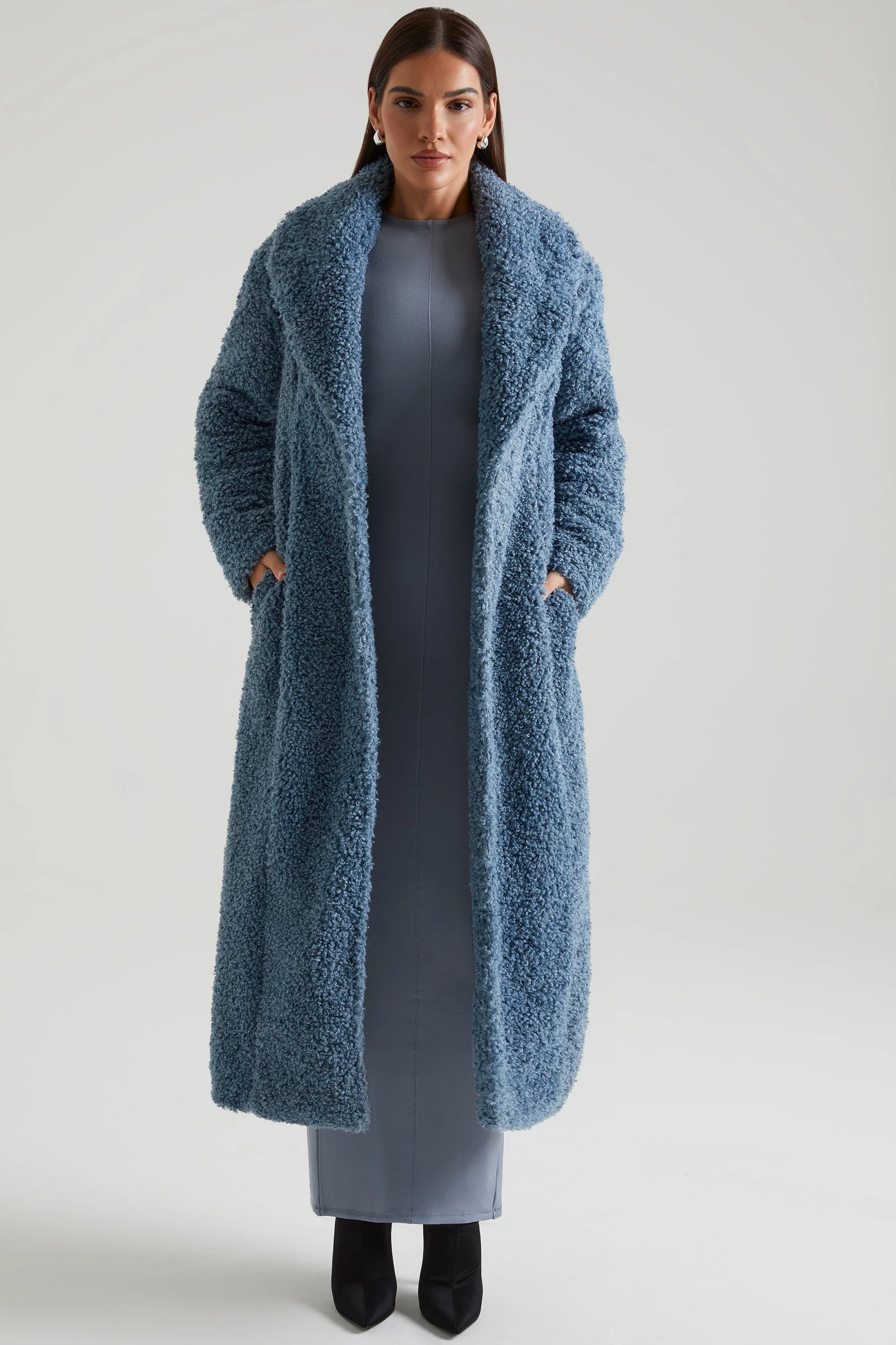 Cappotto lungo in shearling in blu