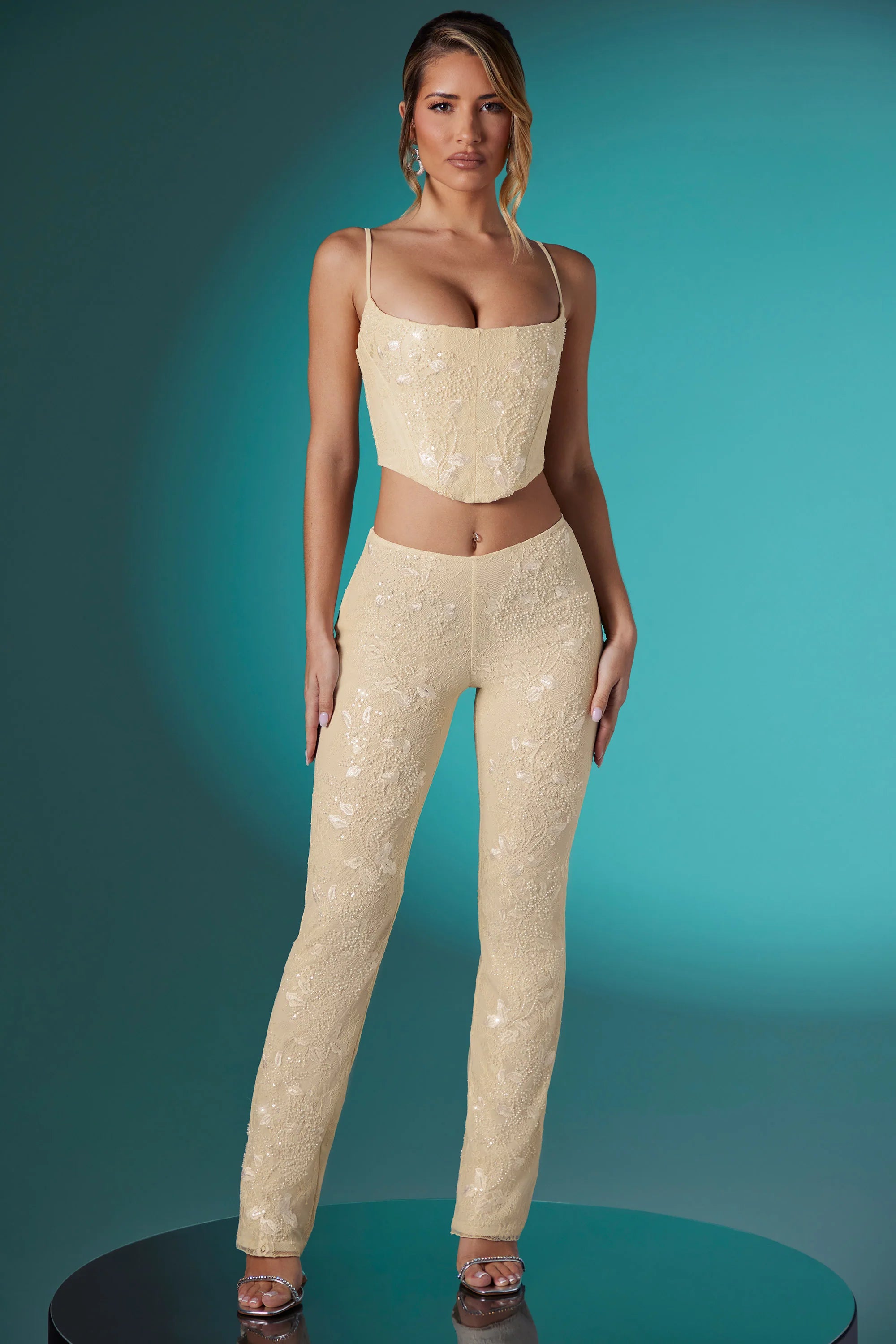 Embellished Lace Corset Crop Top in Ivory