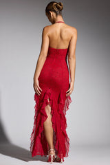 Embellished Halter Neck Ruffle Maxi Dress in Red