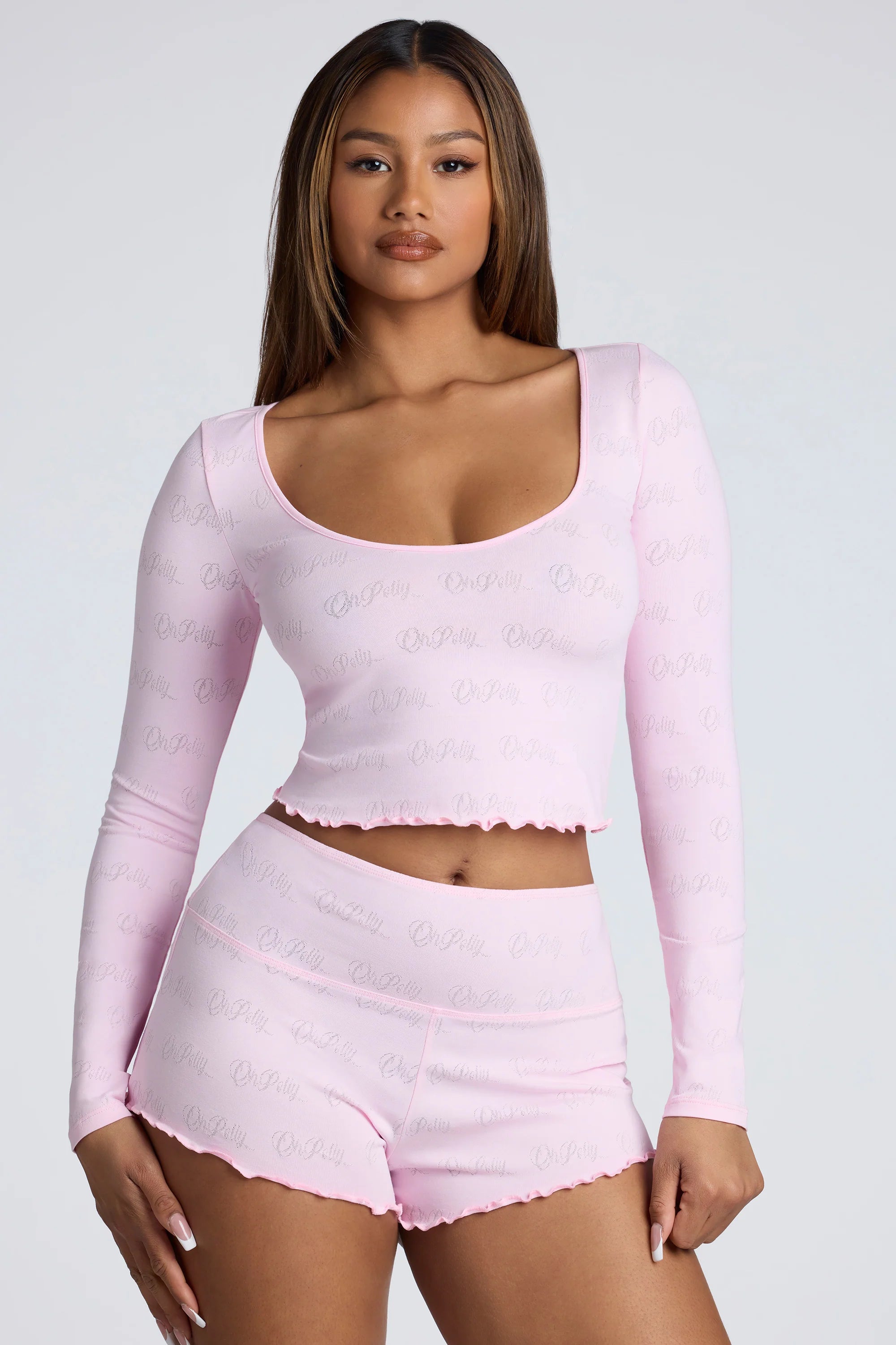 Langärmliges Pointelle-Crop-Top mit U-Ausschnitt in Babyrosa