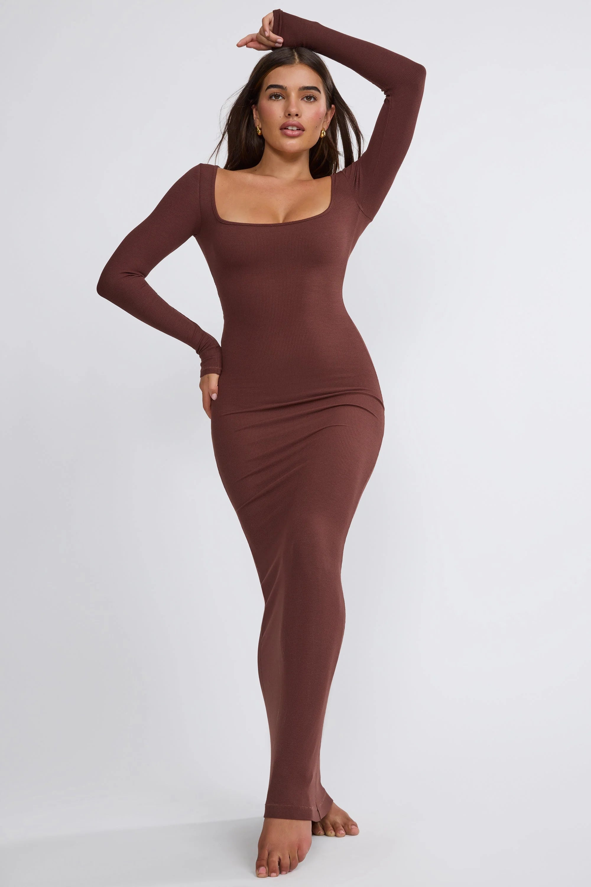 Ribbed Modal Long Sleeve Maxi Dress in Chocolate