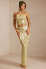 Sheer Sequin Mid Rise Maxi Skirt in Pistachio