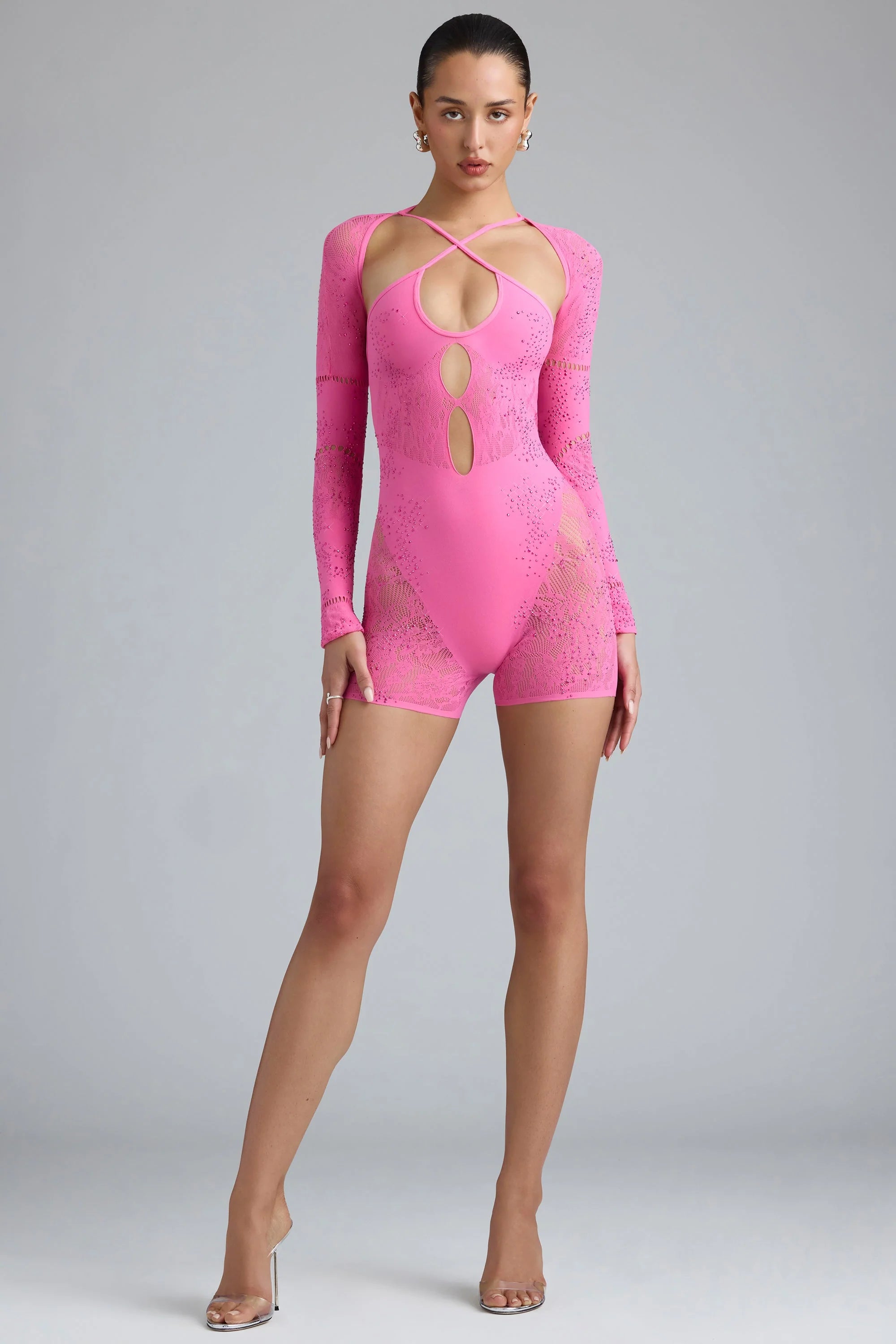 Embellished Cut-Out Unitard in Bubblegum Pink