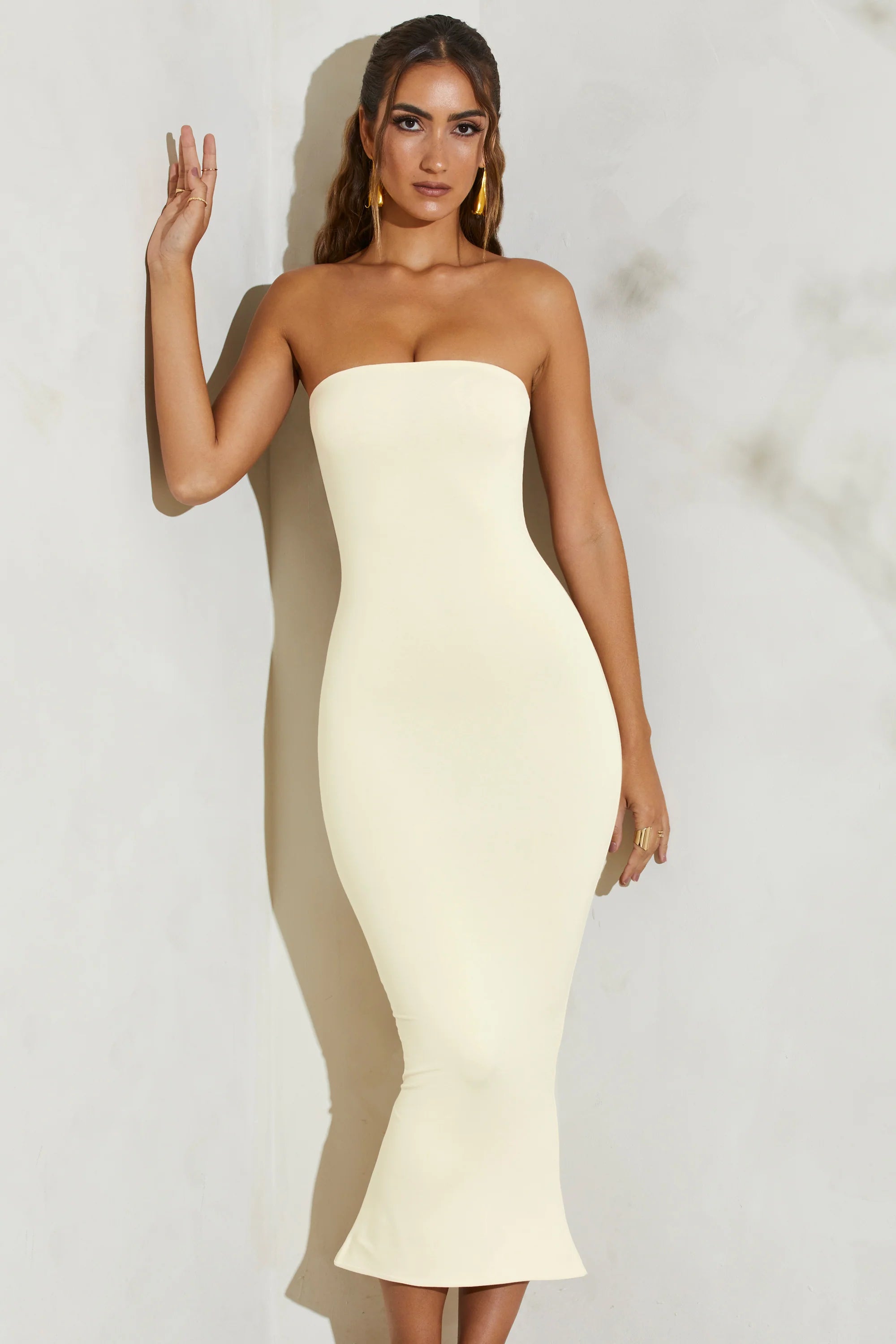 Strapless Flared Hem Midaxi Dress in Ivory