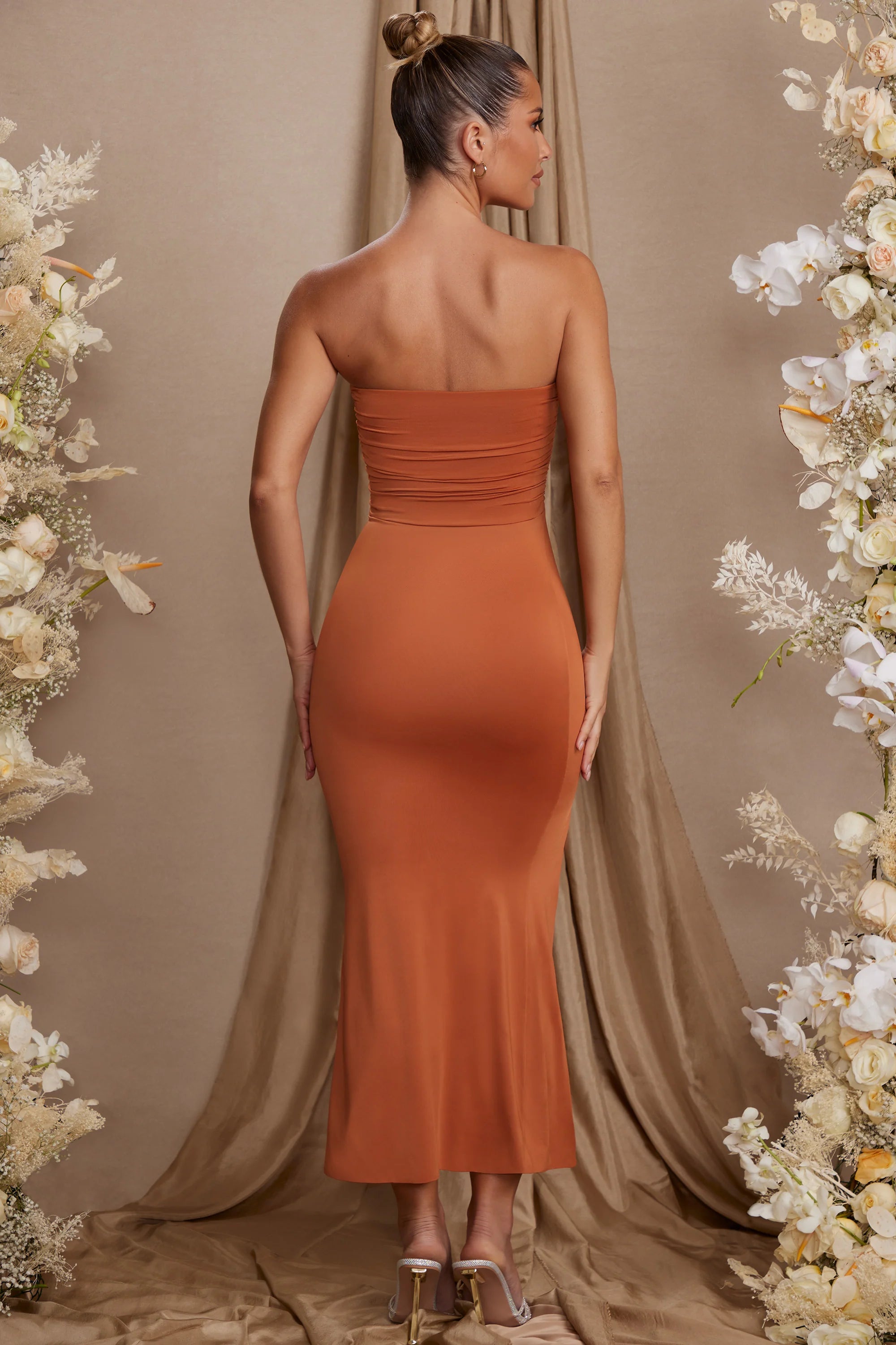 Strapless Thigh High Split Maxi Dress in Tan