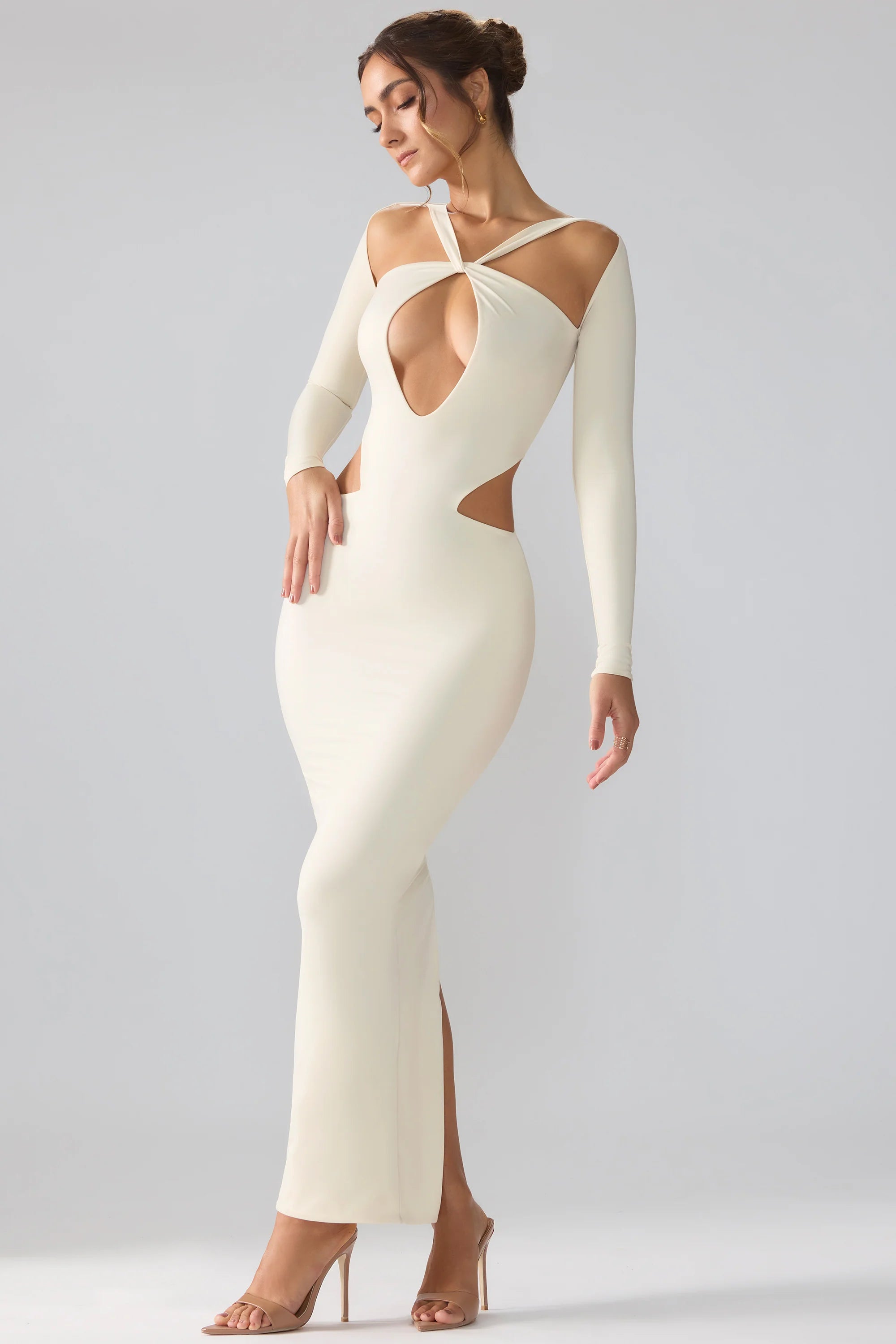 Premium Jersey Long Sleeve Cut Out Maxi Dress in Ivory