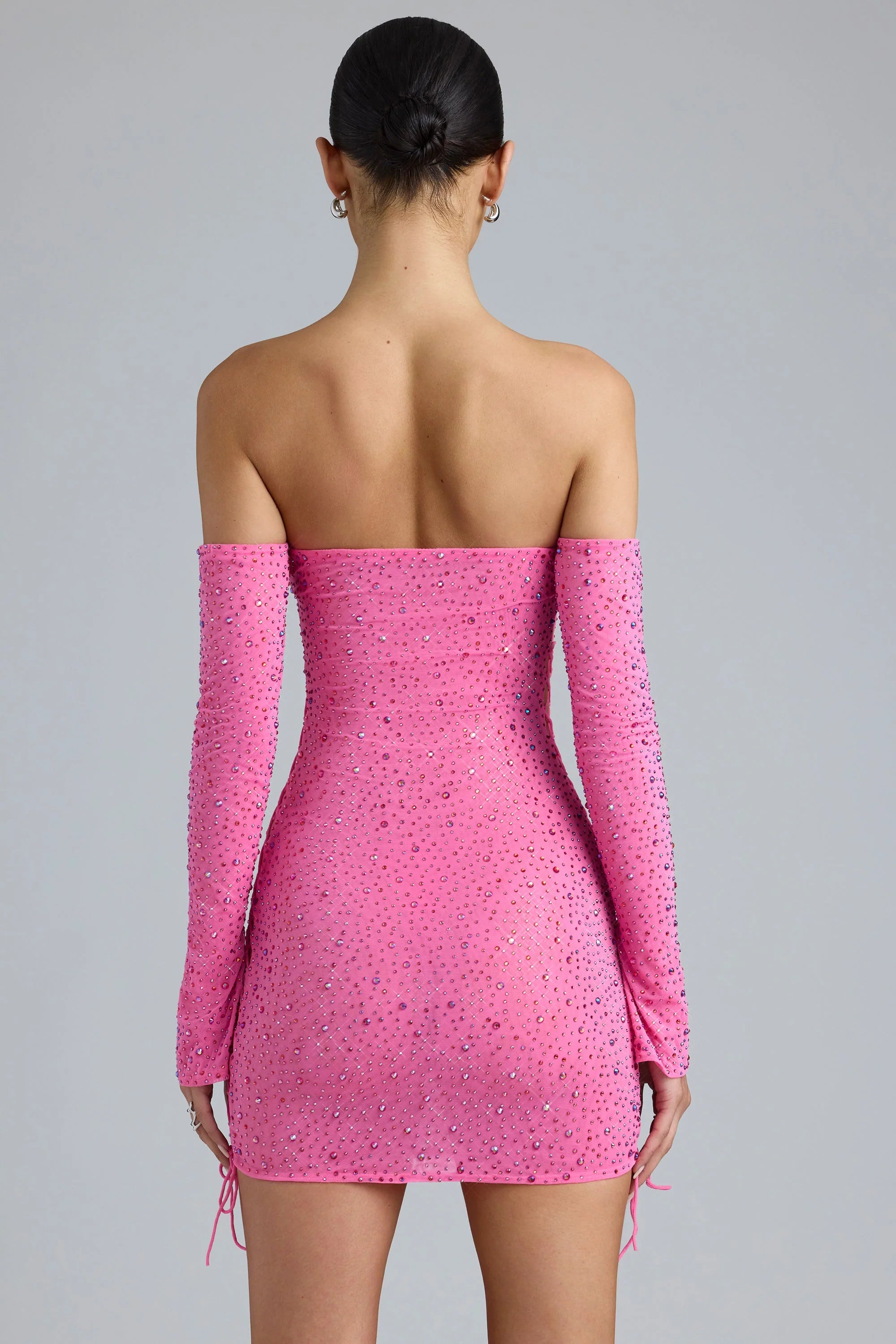 Embellished Lace-Up Off-Shoulder Mini Dress in Bubblegum Pink