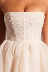 Abito midi con gonna in tulle con corsetto decorato in avorio