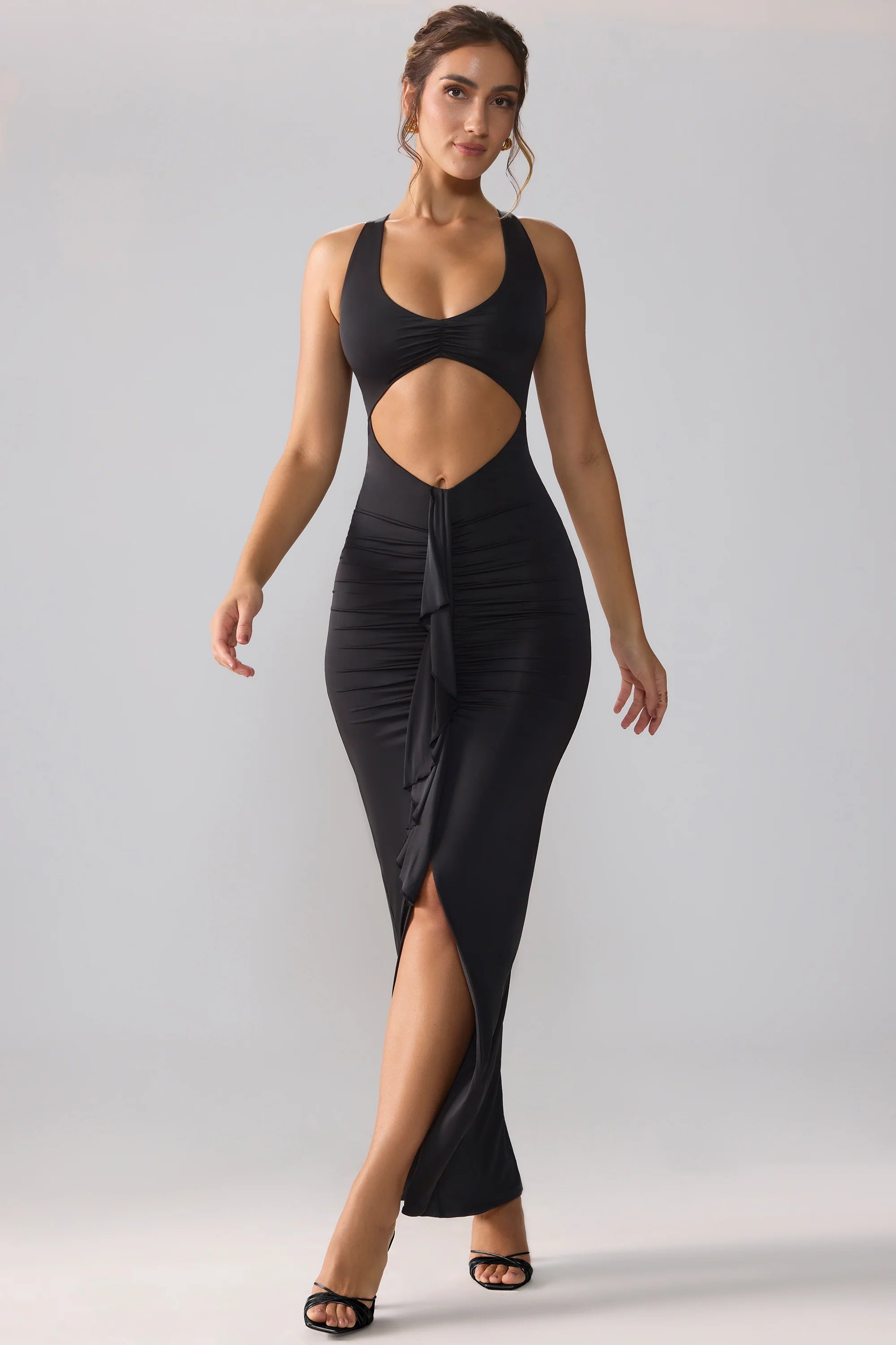 Slinky Jersey Cut Out Ruffle Racerback Maxi Dress in Black