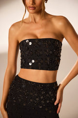 Von Hand verziertes Bandeau-Korsett-Crop-Top in Schwarz