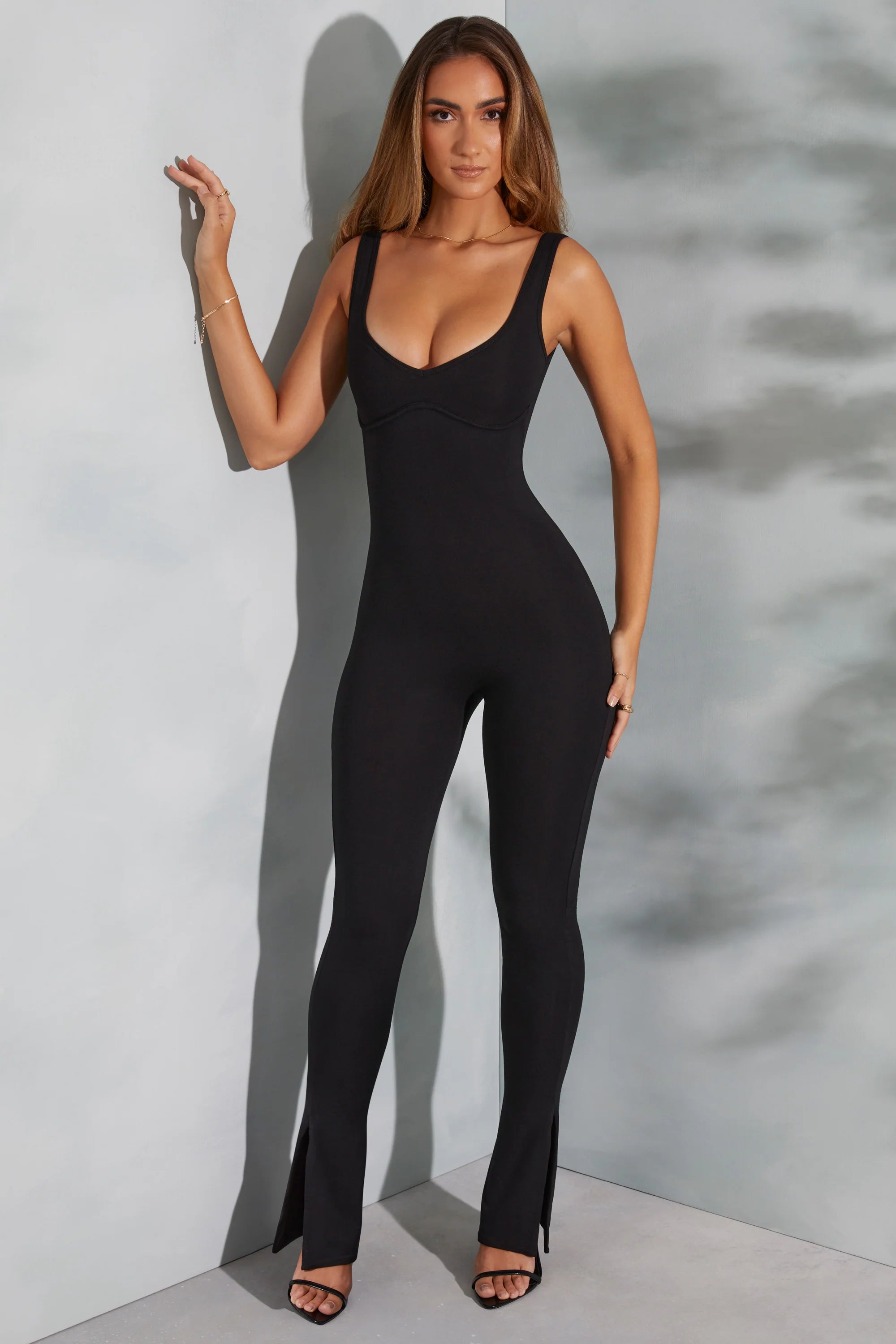 Sweetheart Neckline Flare Hem Jumpsuit in Black