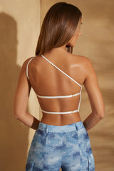 One Shoulder Open Back Crop Top in White