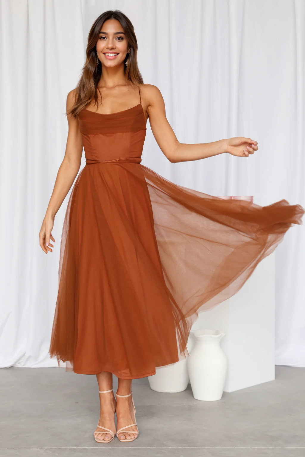 Signal My Way Tulle Midi Dress Chocolate