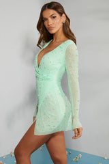 Embellished Wrap Over A-Line Mini Dress in Mint