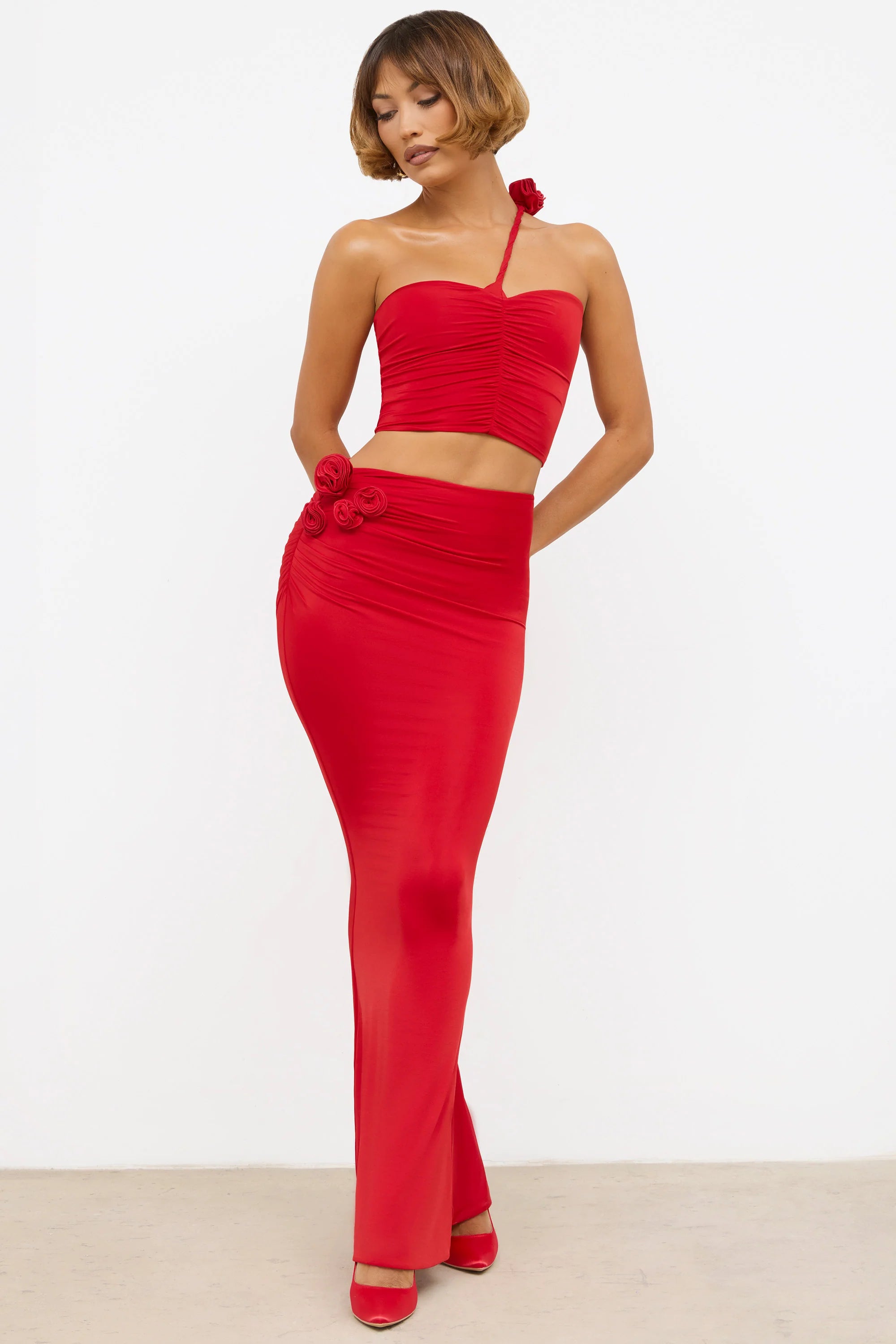 Slinky Jersey Rose Detail Mid-Rise Maxi Skirt in Scarlet Red