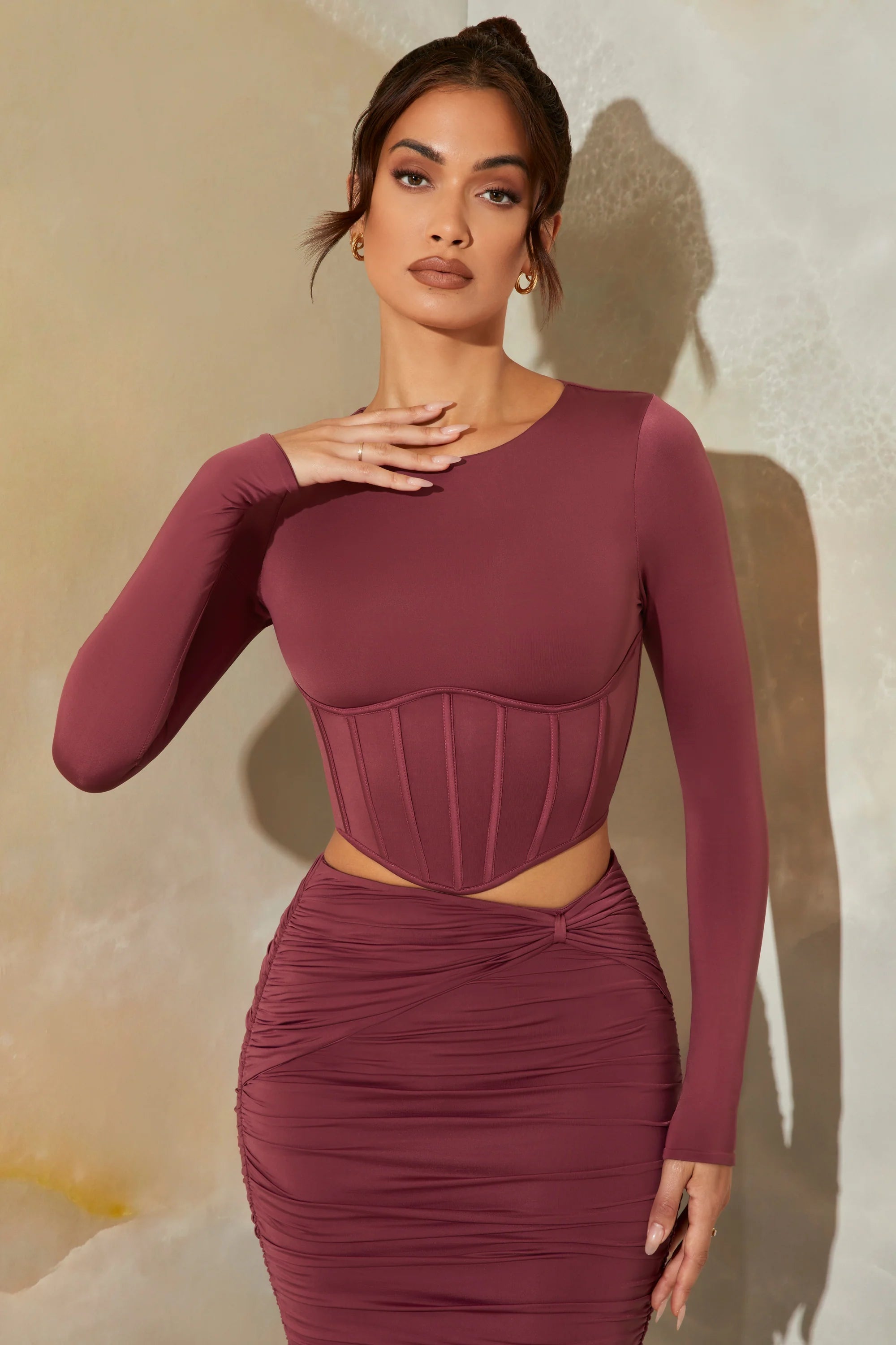 Long Sleeve Corset Crop Top in Dark Mauve