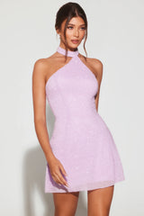 Embellished Asymmetric Neck A-Line Mini Dress in Lilac