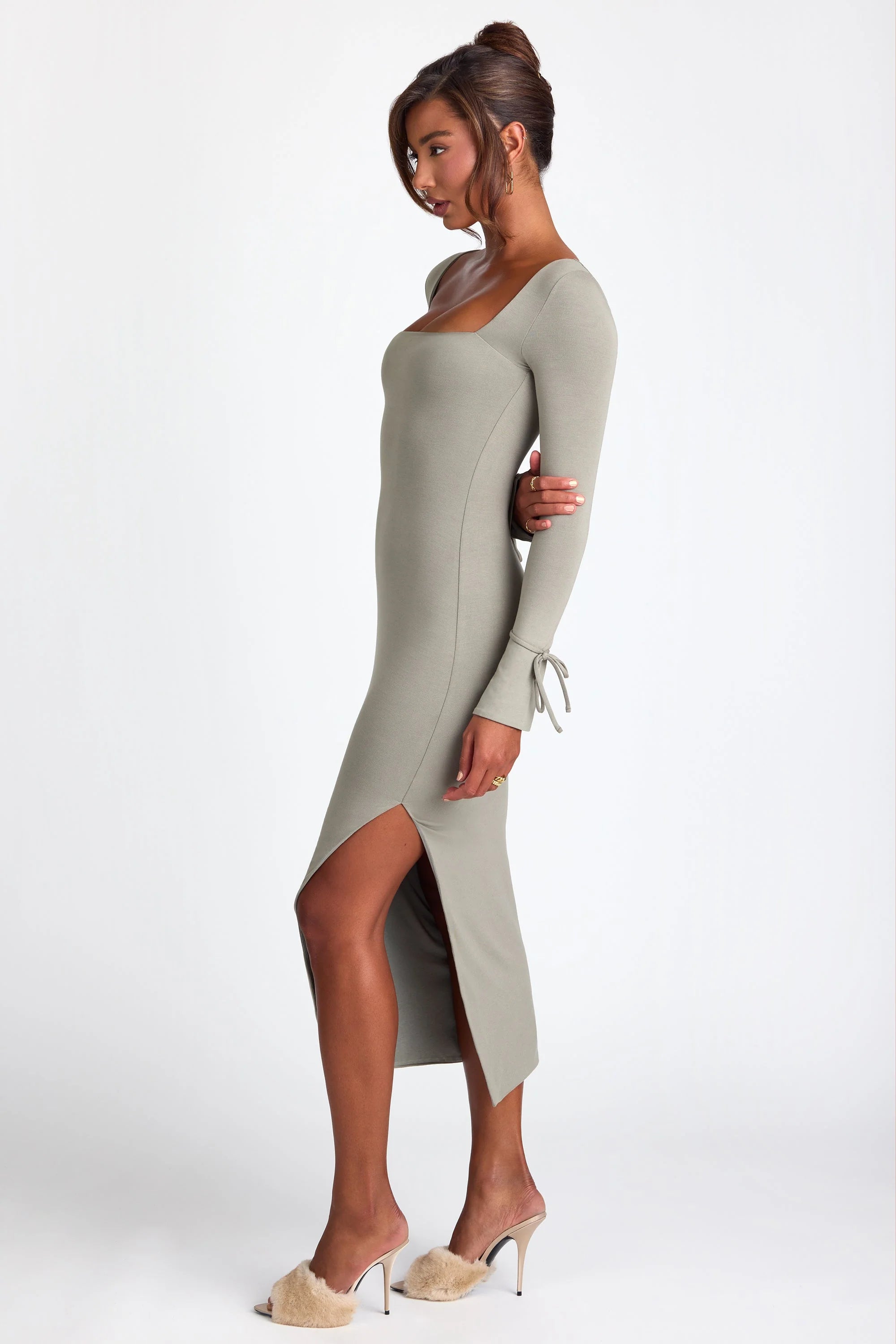 Modal Square Neck Long Sleeve Midaxi Dress in Sage Green