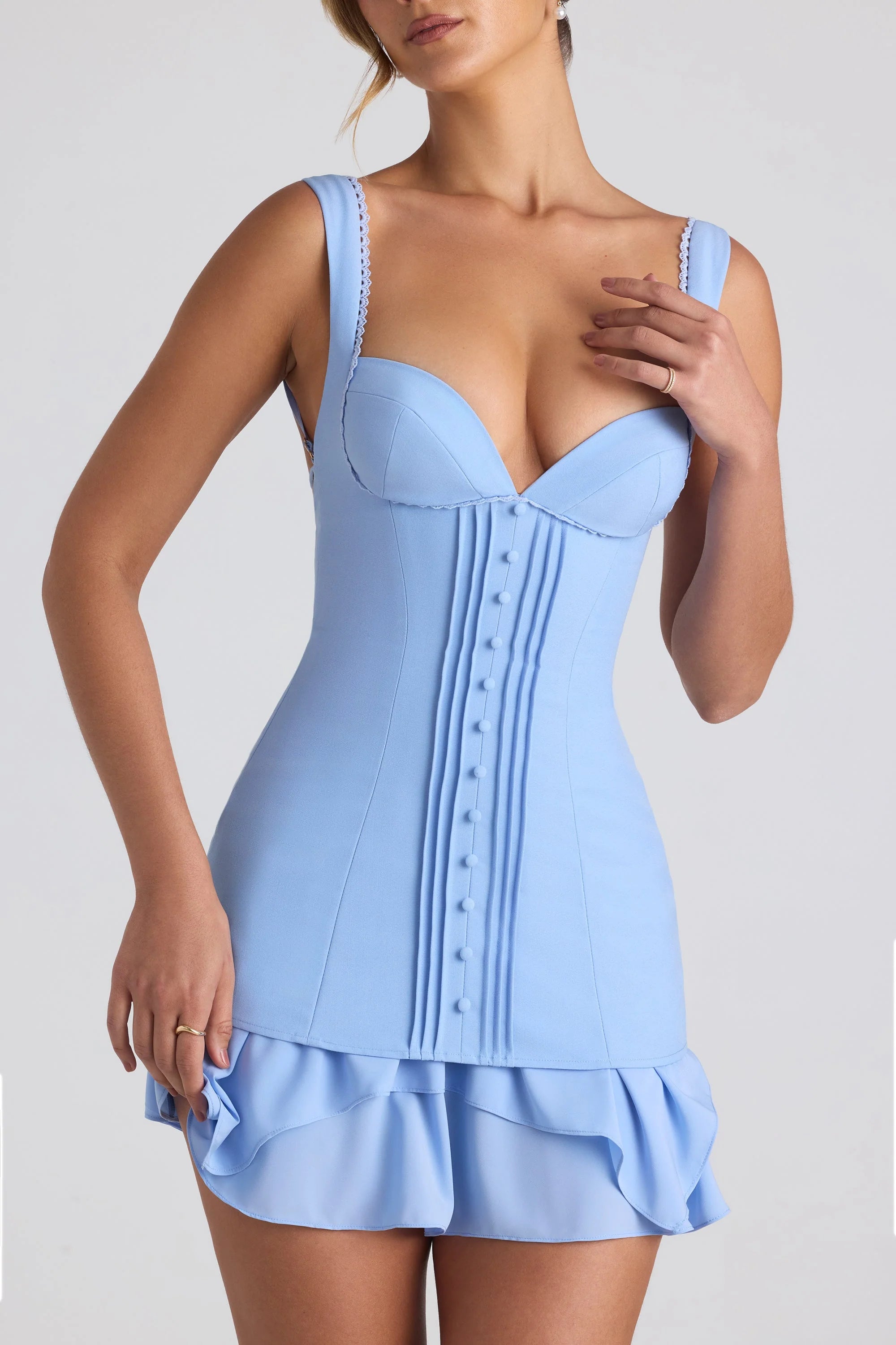 Ruffle-Trim Button-Detail Corset Mini Dress in Sky Blue