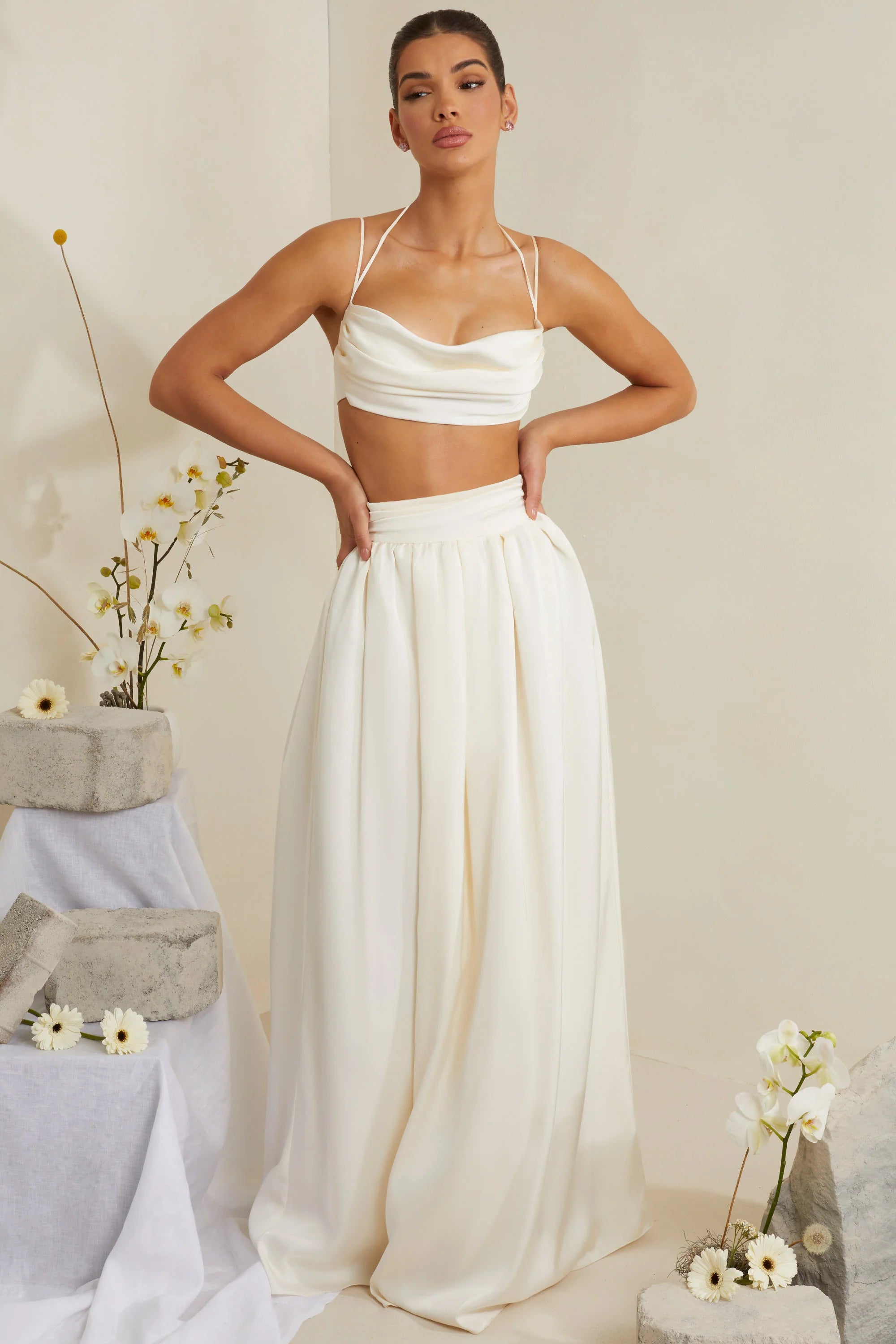 Cowl Neck Heavy Satin Crop Top in White