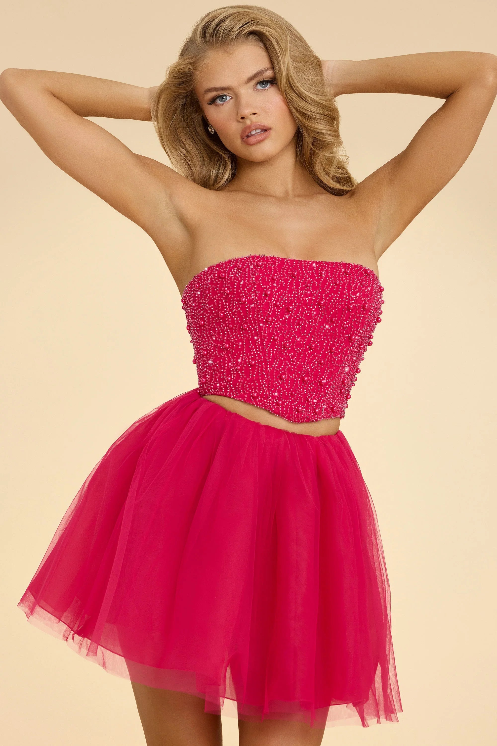 High Waist Tulle Mini Skirt in Hot Pink