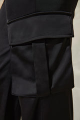 Satin Straight Leg Cargo Trousers in Black