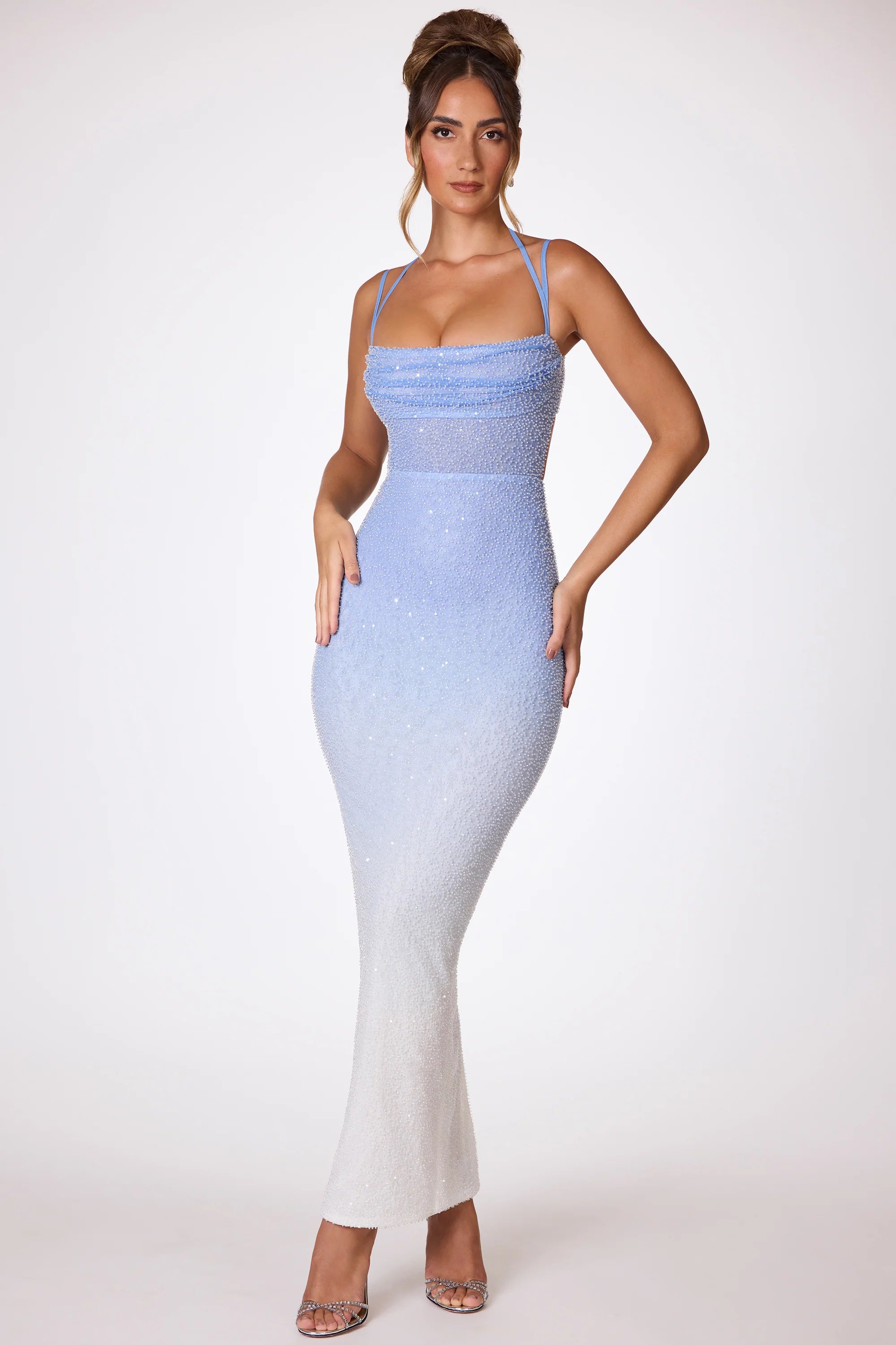 Embellished Maxi Dress in Blue and White Ombr¨¦