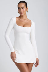 Modal Square Neck Long Sleeve Mini Dress in White