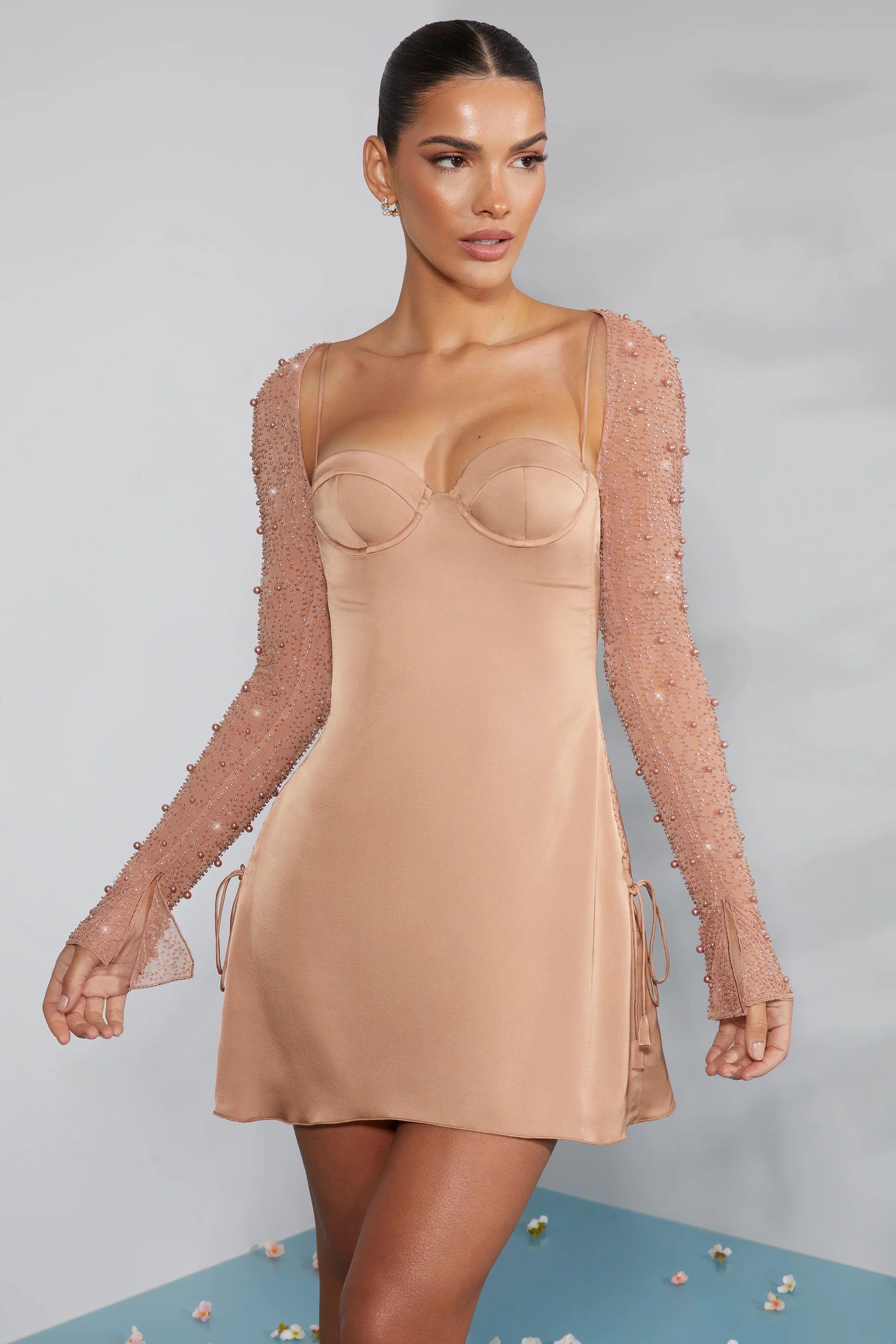 Long Sleeve Embellished A-line Mini Dress in Beige