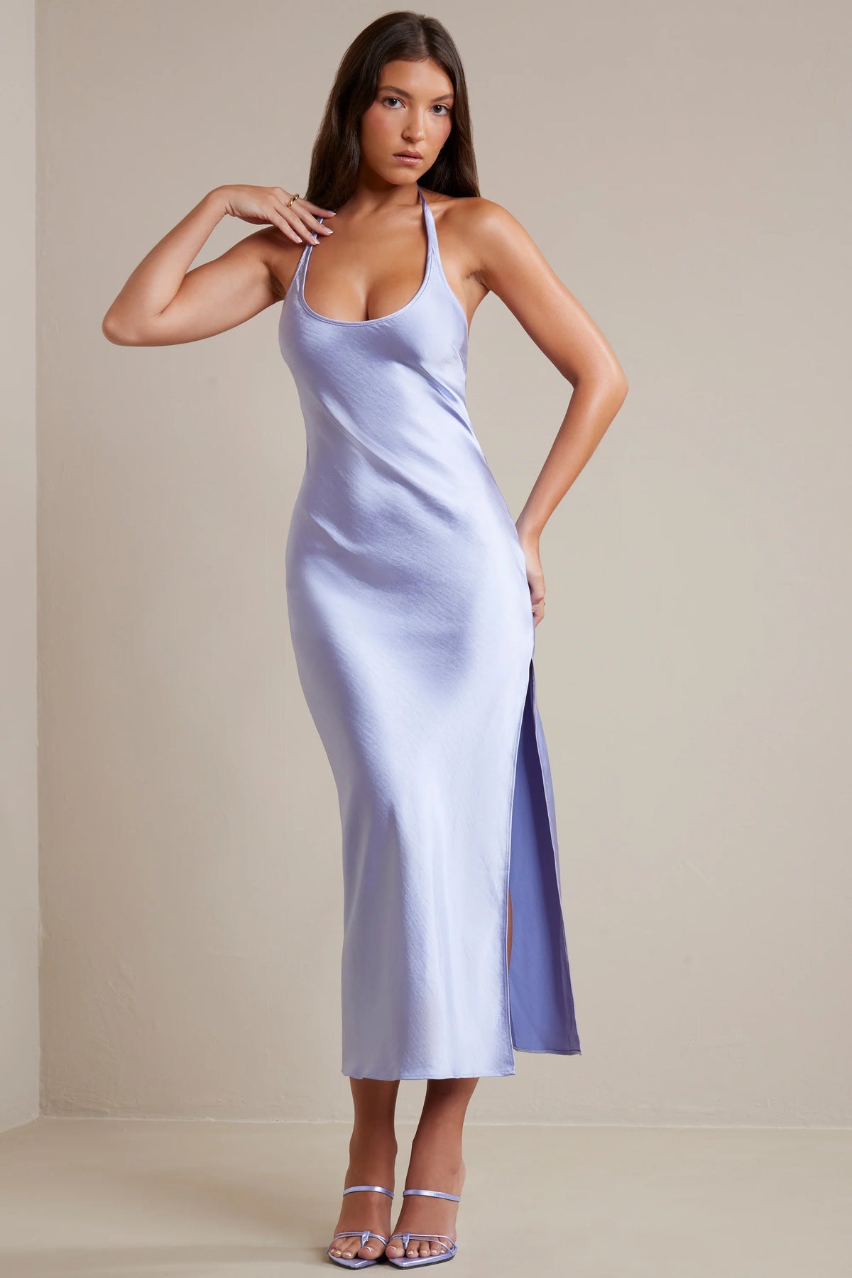 Bias Cut Satin Halter Neck Maxi Dress in Periwinkle