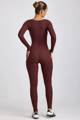 Gerippter Langarm-Jumpsuit aus Modal in Espresso