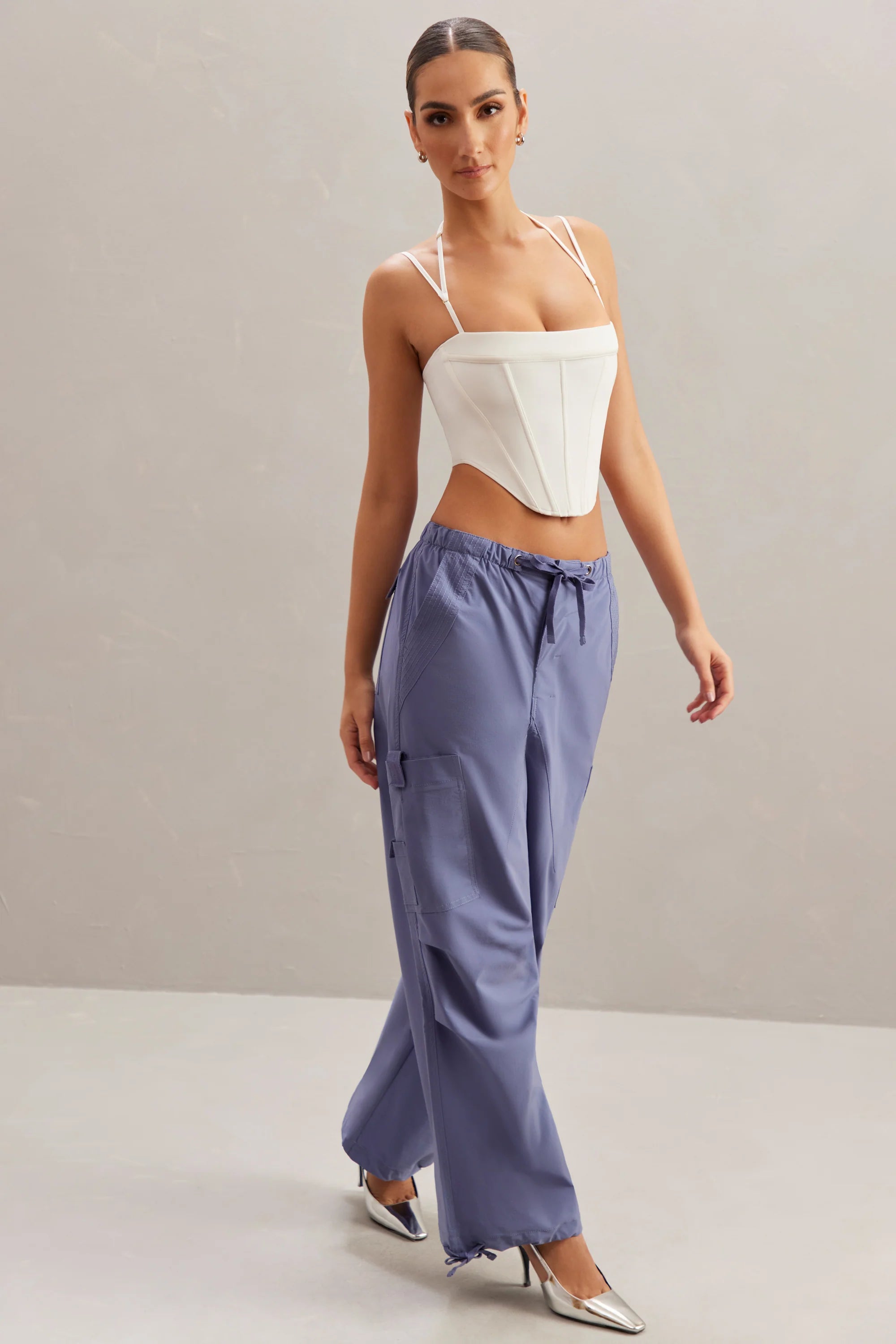 Wide Leg Cargo Trousers in Dusty Blue