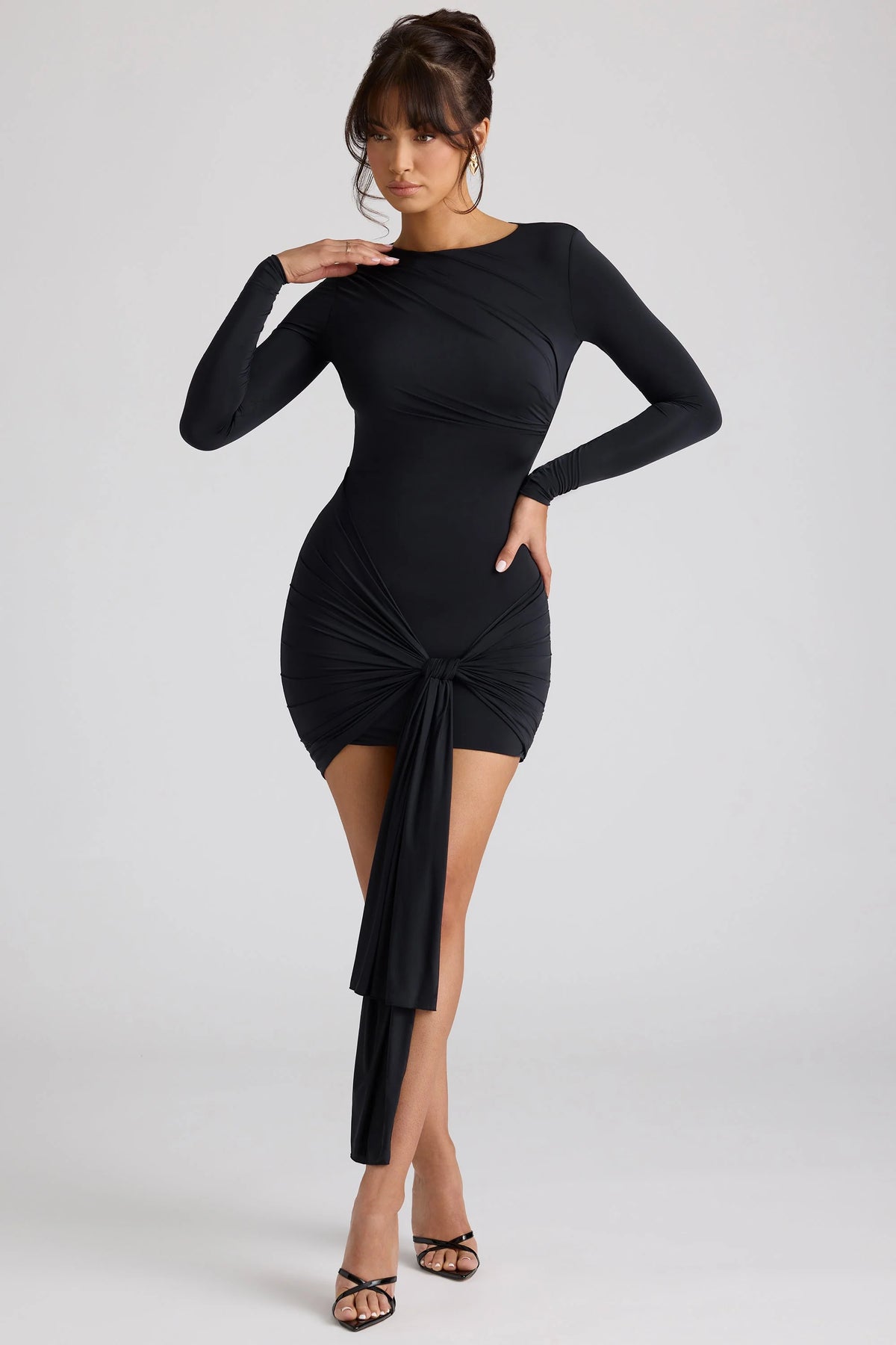 Long Sleeve Draped Mini Dress in Black