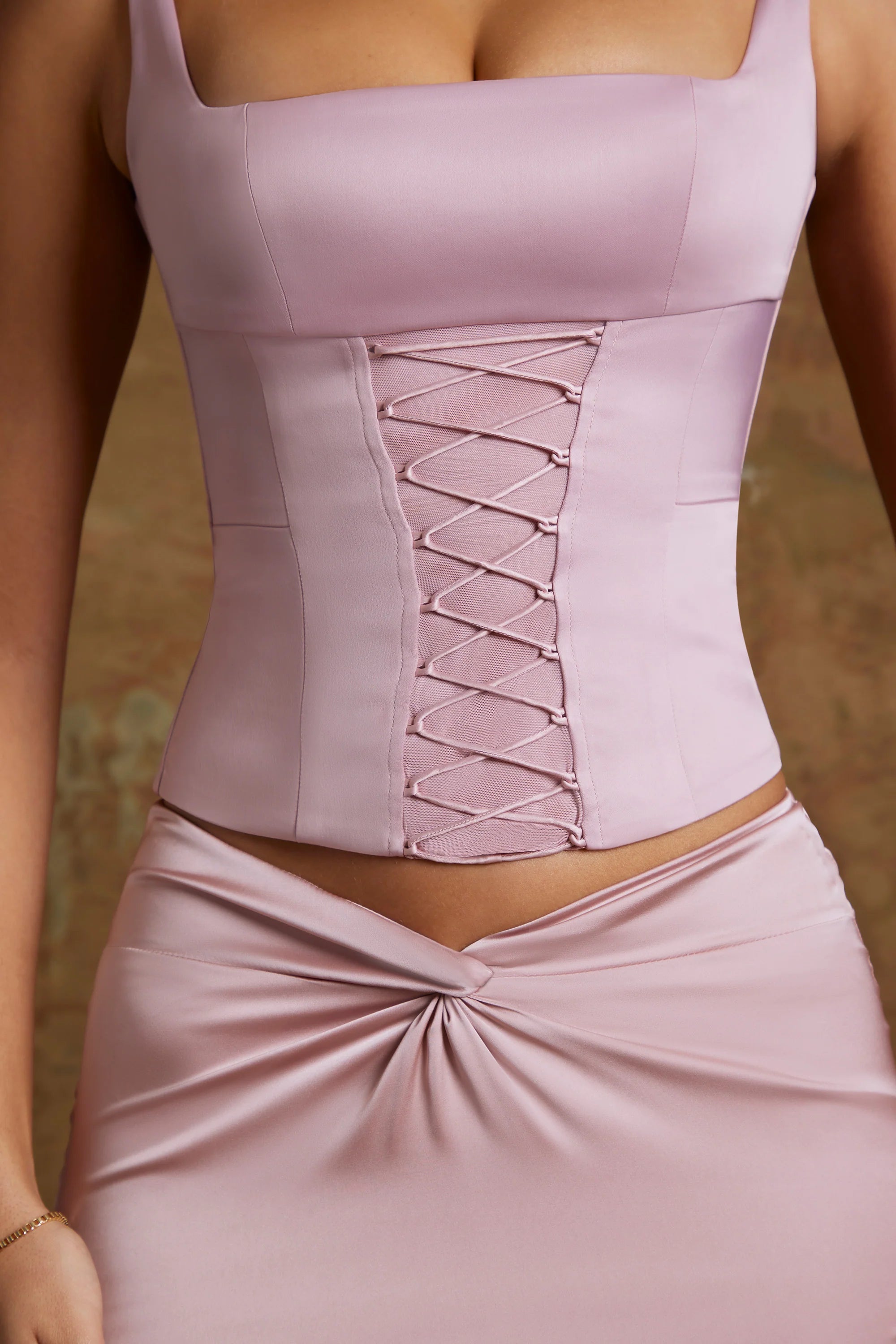 Longline Lace Up Corset Top in Mauve